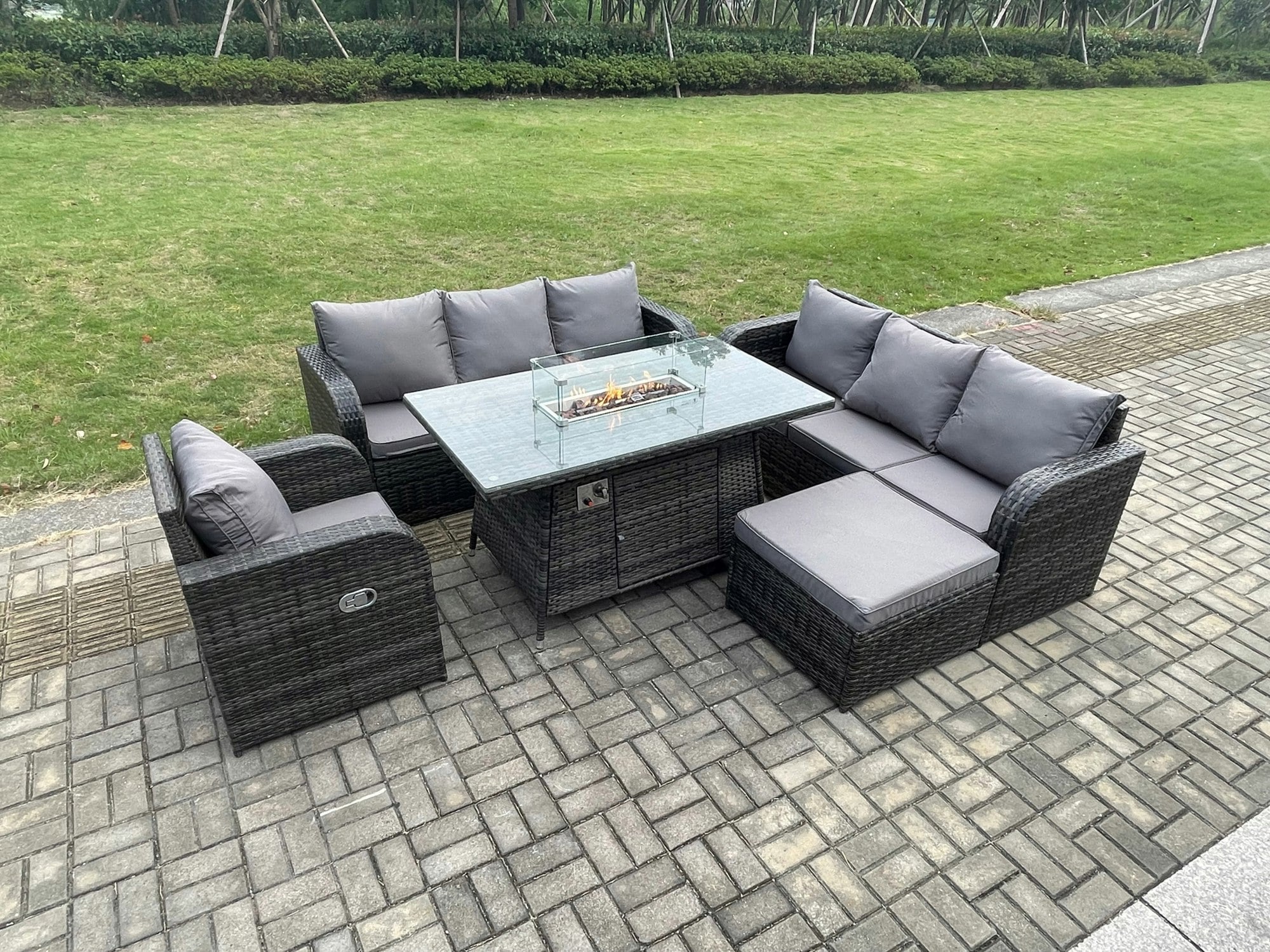 Fimous Dark/Grey Rattan Outdoor Furniture Gas Fire Pit Rectangle Dining Table Gas Heater Reclining Chair 3 Seater Sofa Sets With Big Footstool 8 Seater