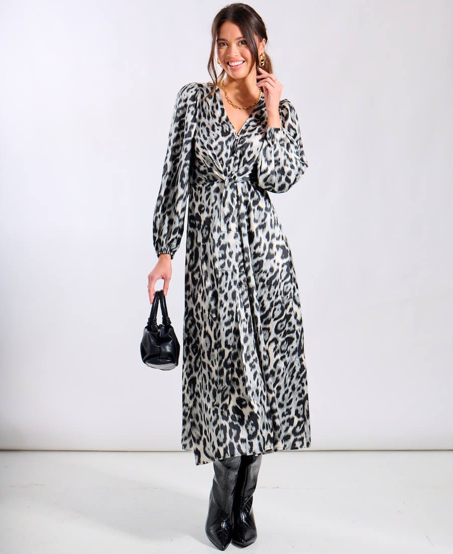 Needs No Label Silver Animal Tie Front Midi Dress - 8