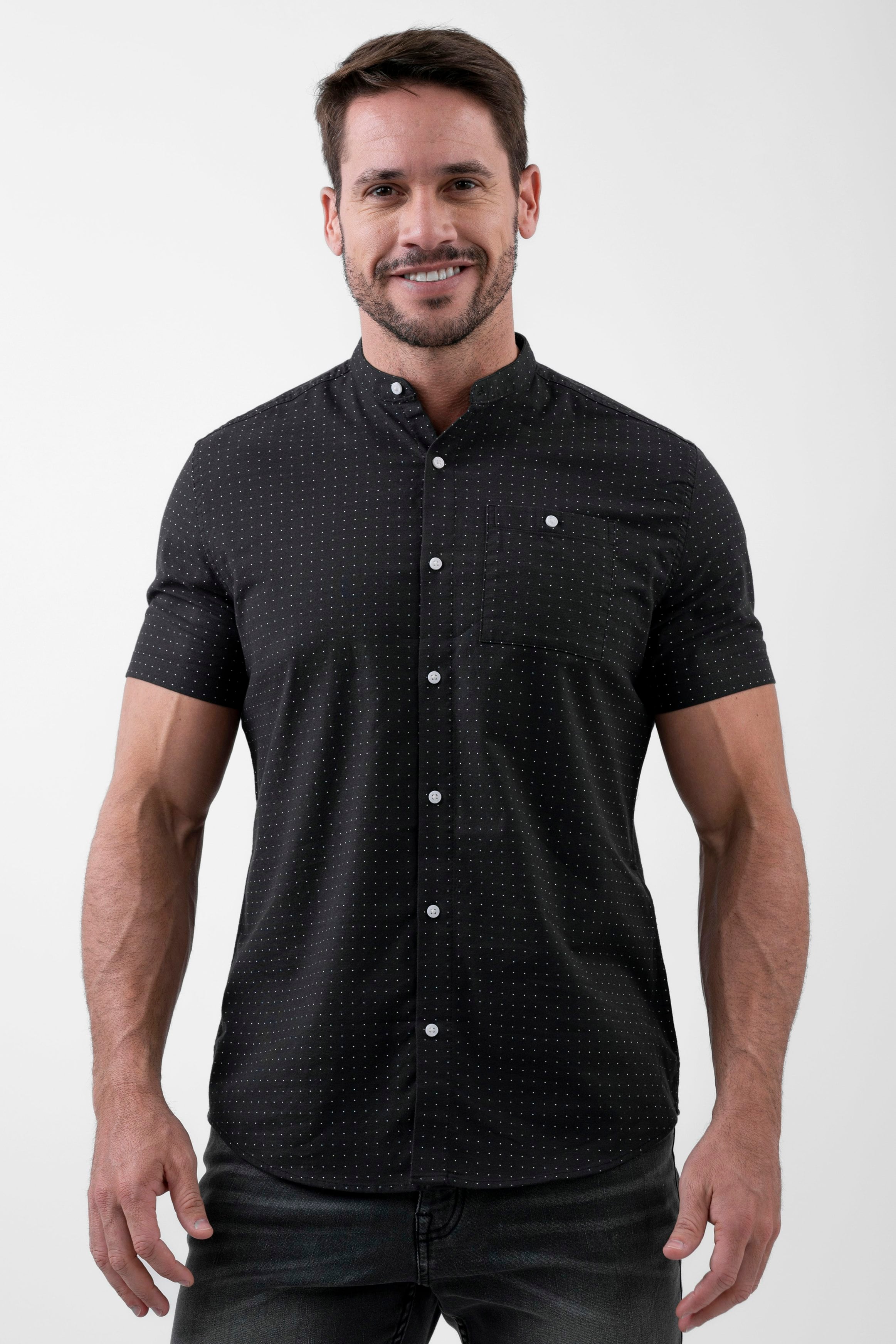 Enorsia Black Printed Grandad Collar Short Sleeve Shirt - Xxl - 98% Bci Cotton 2% Spandex