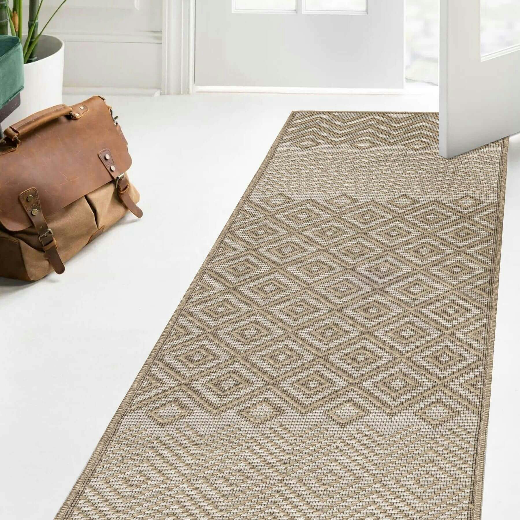 The Rugs Beige Diamond Jute Looking Washable Rug - 60X180 Cm