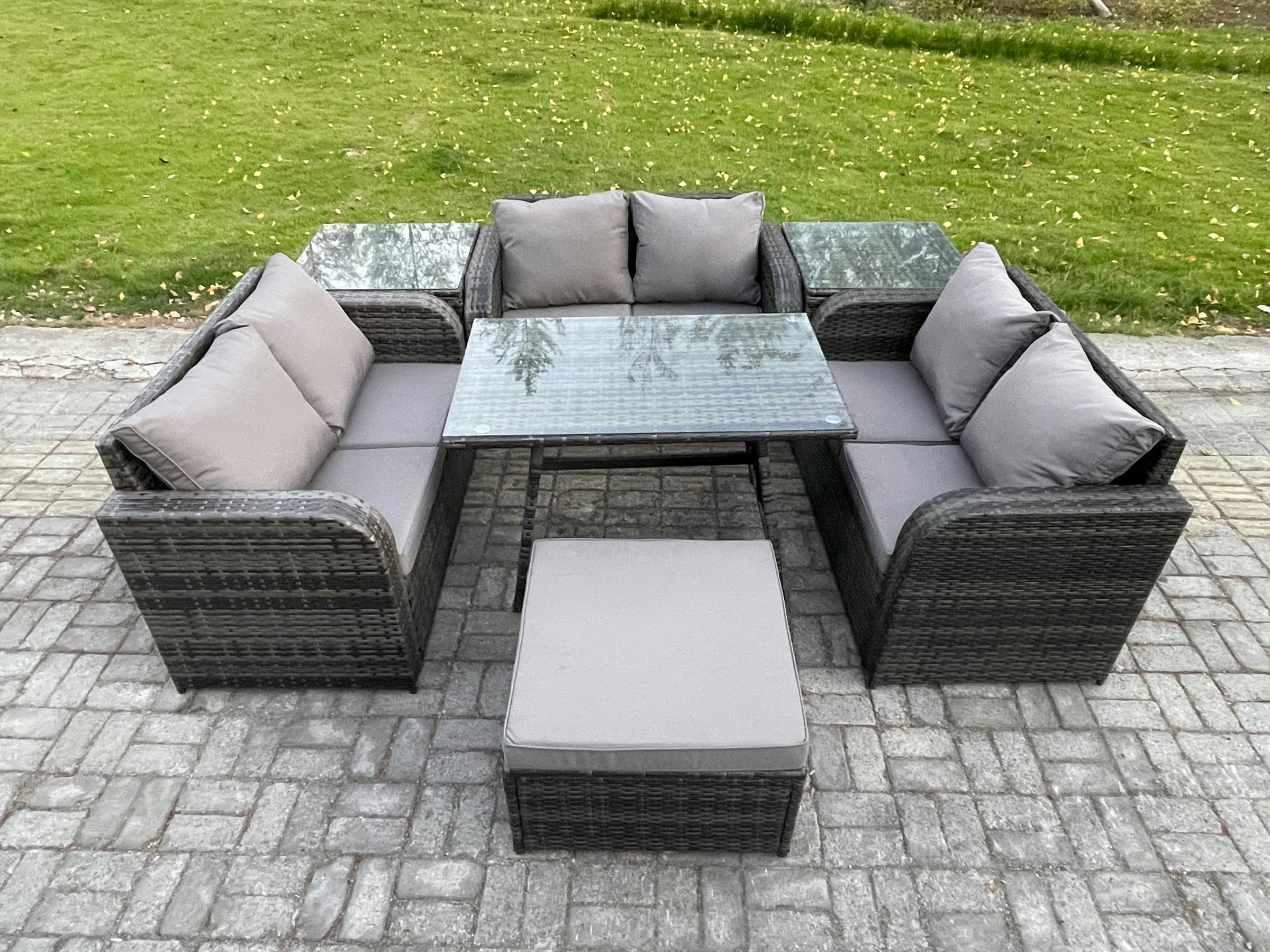 Fimous Dark/Grey Rattan Garden Furniture Set 7 Seater Patio Outdoor Love Sofa Set With Rectangular Dining Table 2 Side Tables Big Footstool Mixed