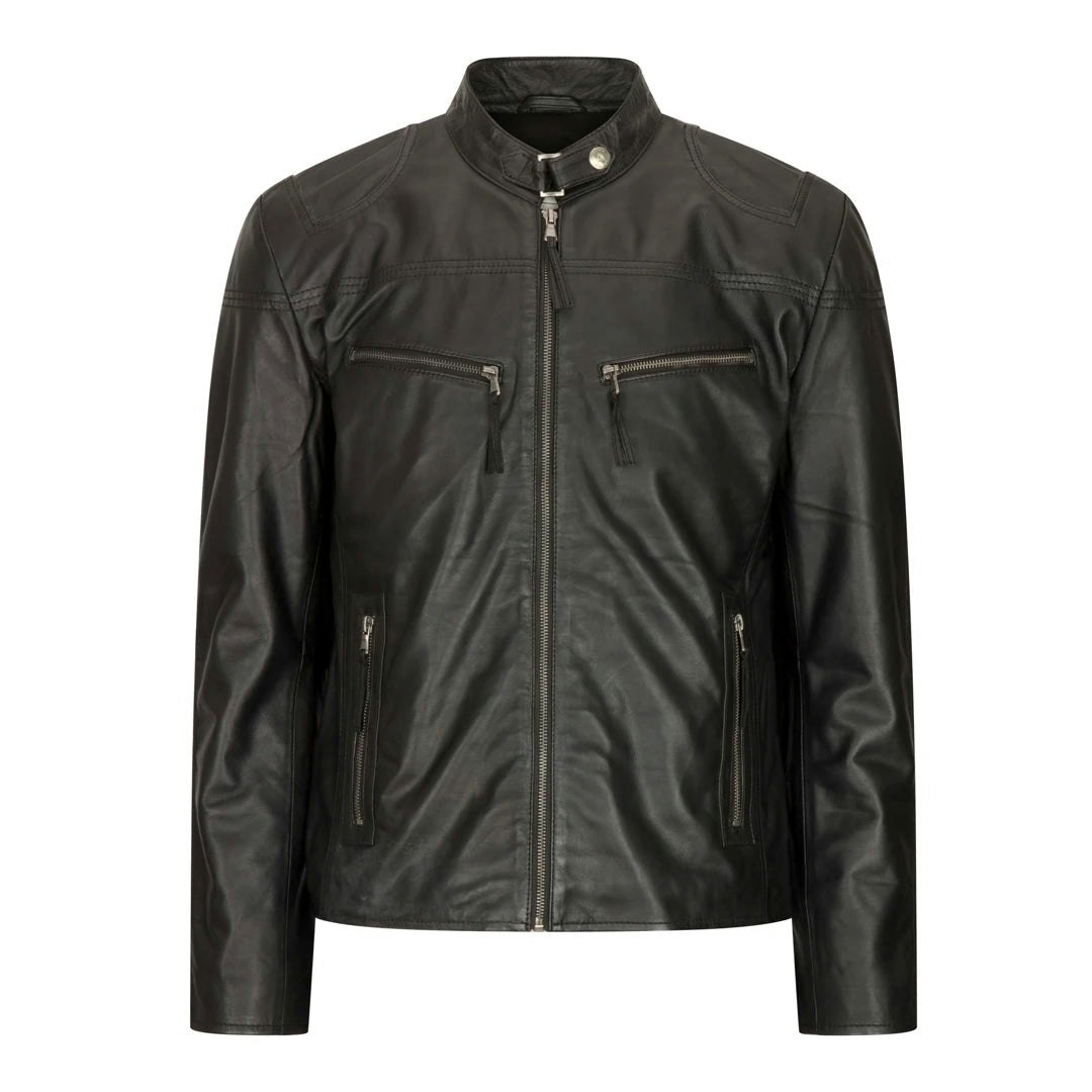Aviatrix Men's Black Leather Jacket Biker Zipped Pockets Fitted - 3XL