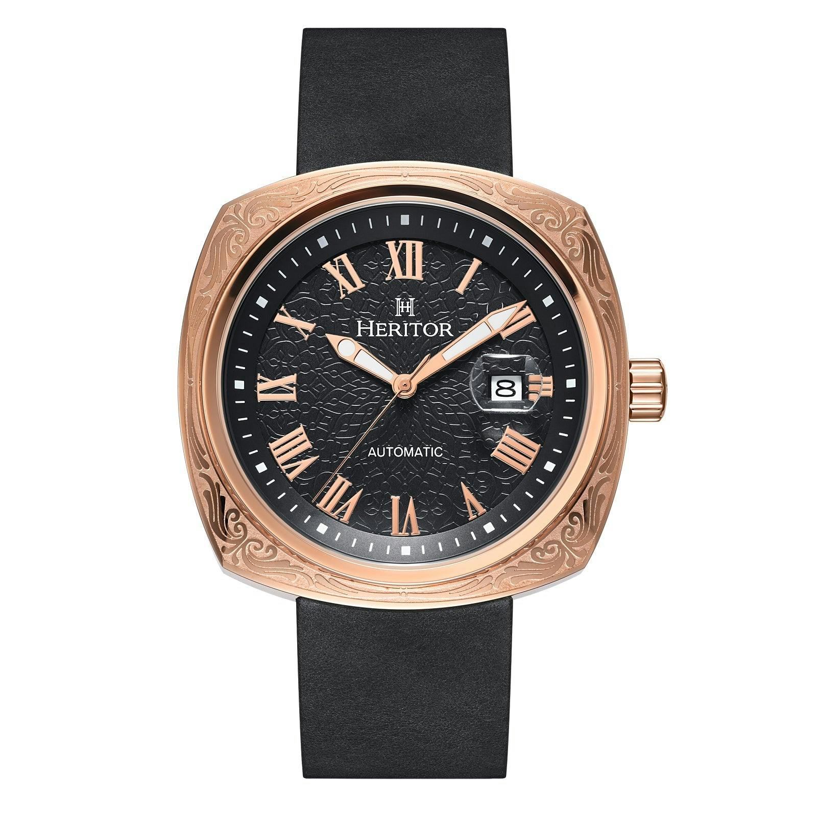 Heritor Automatic Gold/Black Davenport Engraved-Case Leather-Band Watch W/ Date - Rose