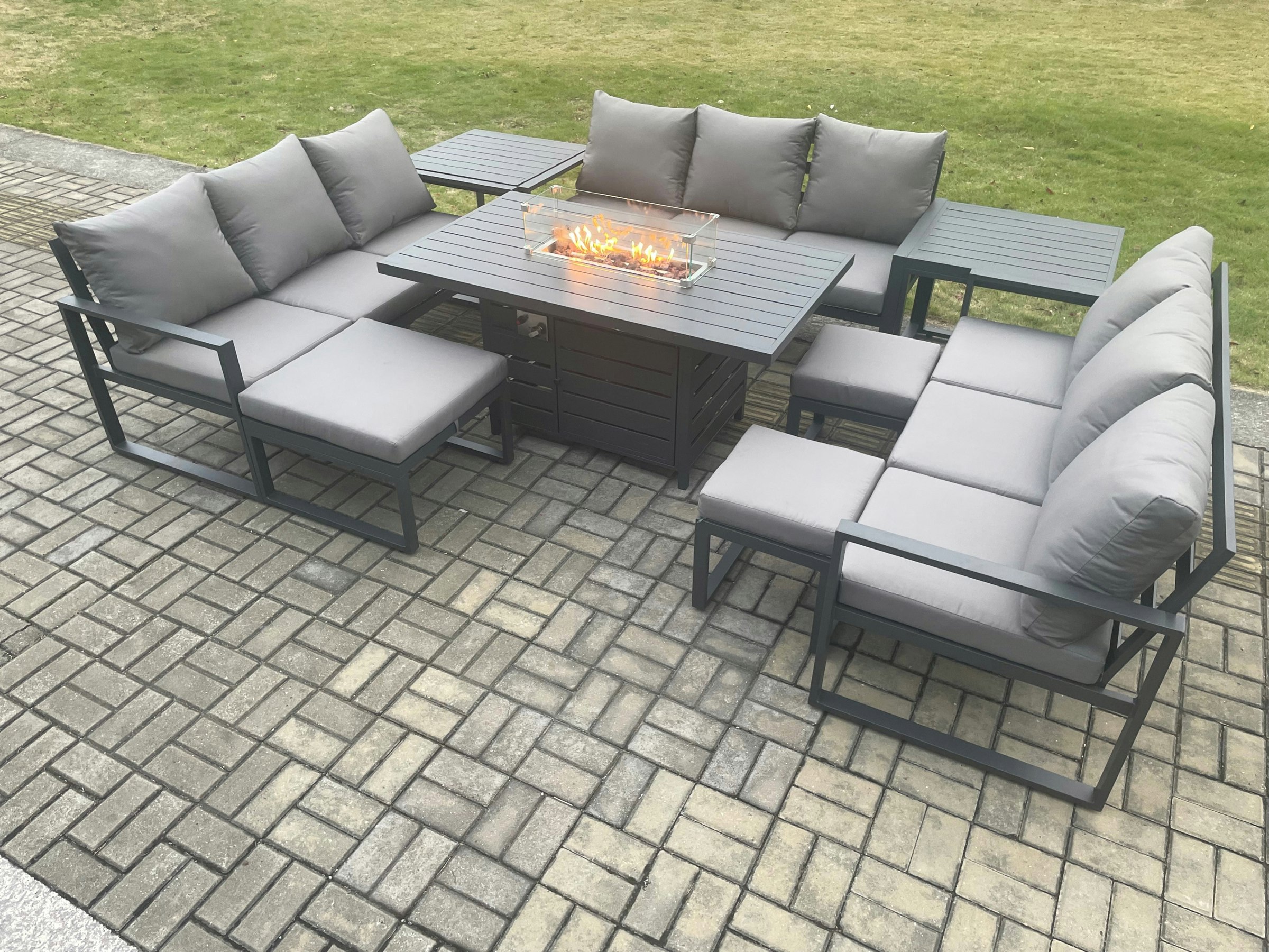 Fimous Dark/Grey Aluminium Garden Furniture Outdoor Set Patio Lounge Sofa Gas Fire Pit Dining Table Sets With 3 Footstools 2 Side Tables