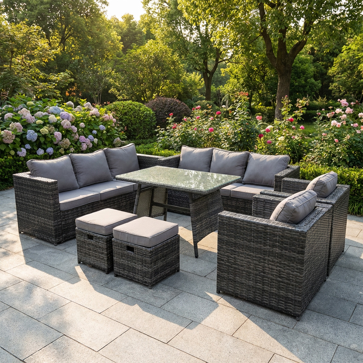Rackhams Dark/Grey Rattan Garden Outdoor Furniture Sofa Garden Dining Set With Patio Dining Table 2 Armchairs 2 Small Footstools 10 Seater Mixed