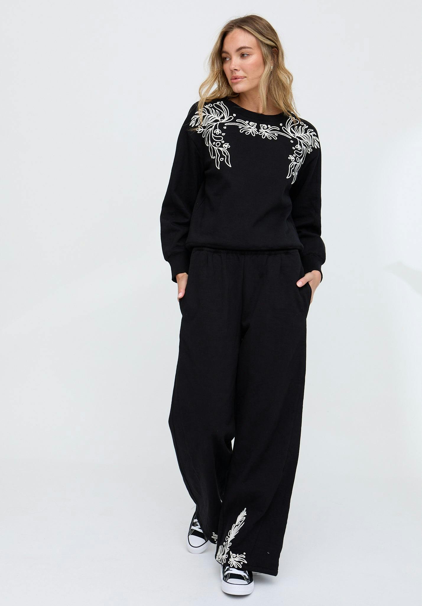 Raffya Black Marmalade Embroidered Wide Leg Trouser In - 16