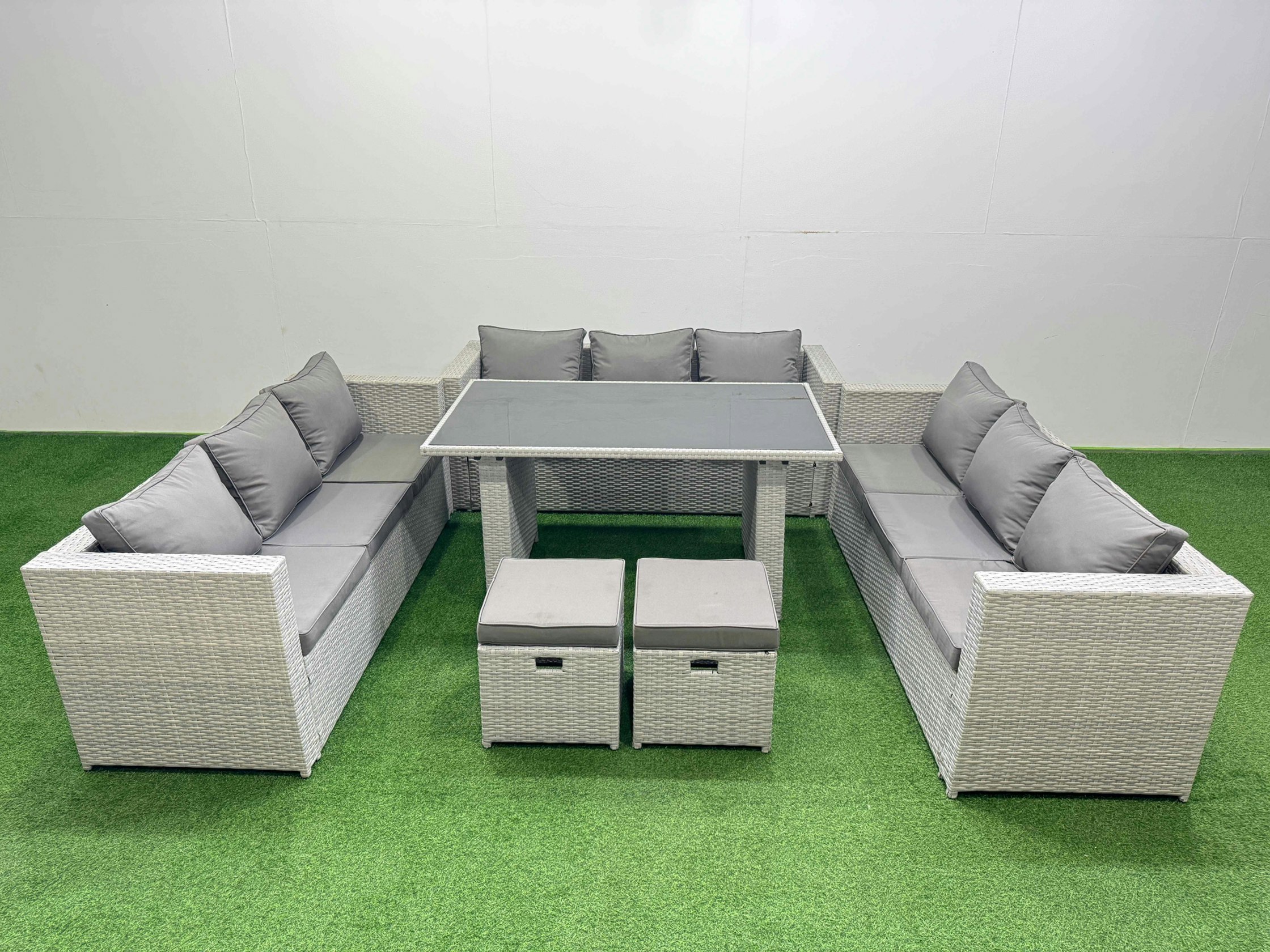 Fimous Black/Light/Grey Patio Outdoor Garden Furniture Sets With Glass Top Dining Table 3 Seater Sofa 2 Small Stool