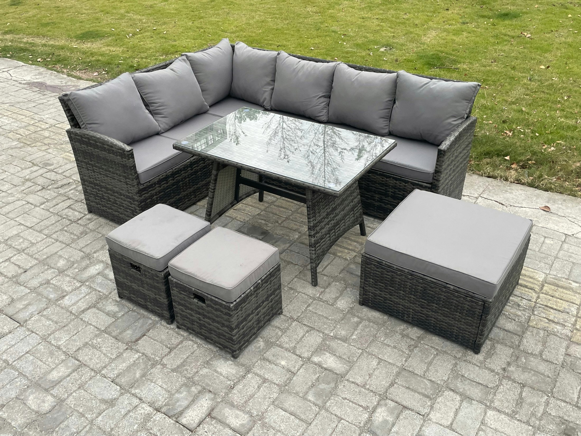 Fimous Dark/Grey Wicker Rattan Garden Furniture Corner Sofa Set With Oblong Dining Table 3 Footstools 9 Seater Outdoor Rattan Set Mixed