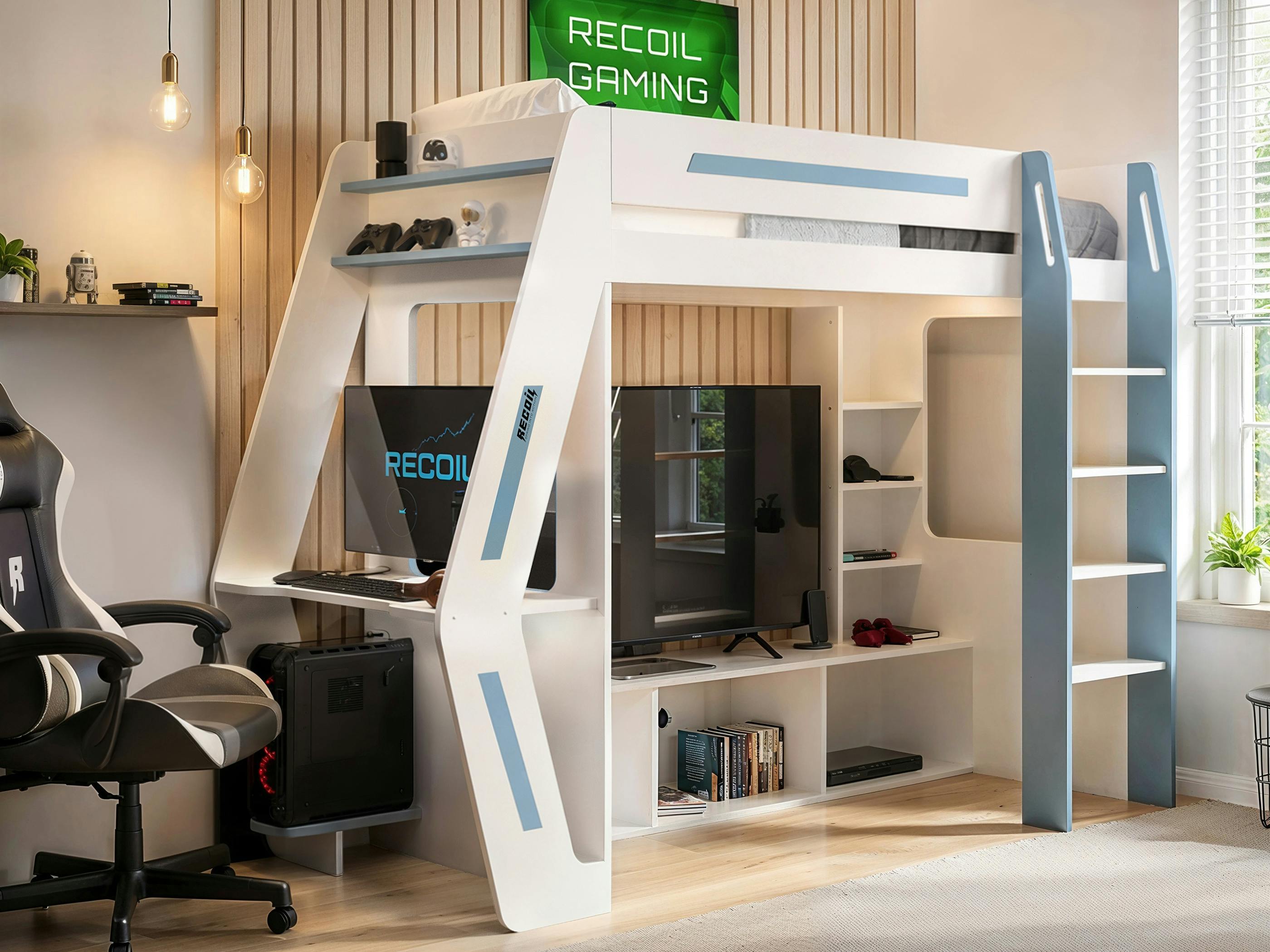 Recoil White/Blue Alister Gaming High Sleeper With Desk & Tv Stand & - Single