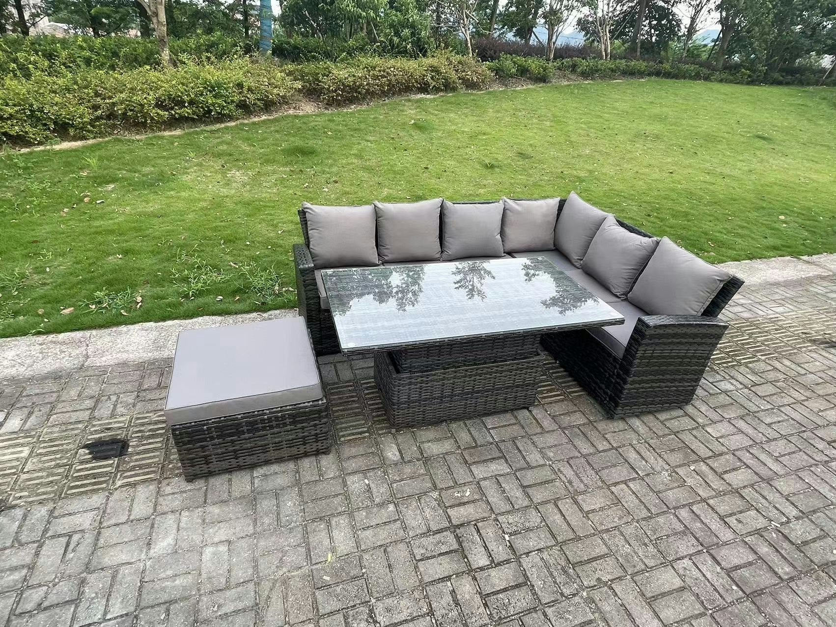 Fimous Dark/Grey 7 Seater?Outdoor Rattan High Back Adjustable Rising Lifting Dining Table Corner Sofa Set Garden Furniture Mixed Right Hand