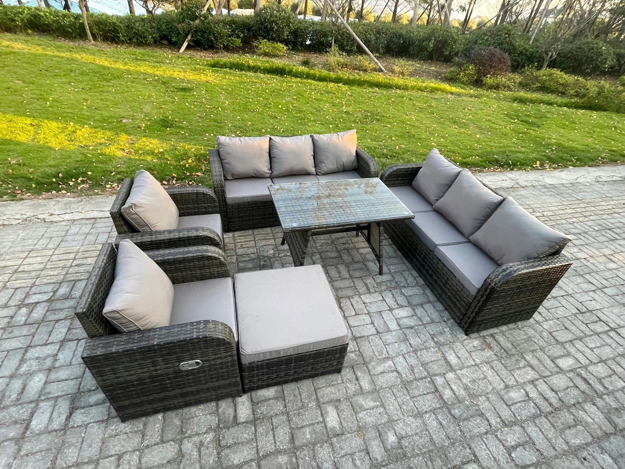 Fimous Dark/Grey 9 Seater Mixed Rattan Outdoor Sofa Dining Set - 3-Seater Sofa, Rectangular Dining Table & Footstool