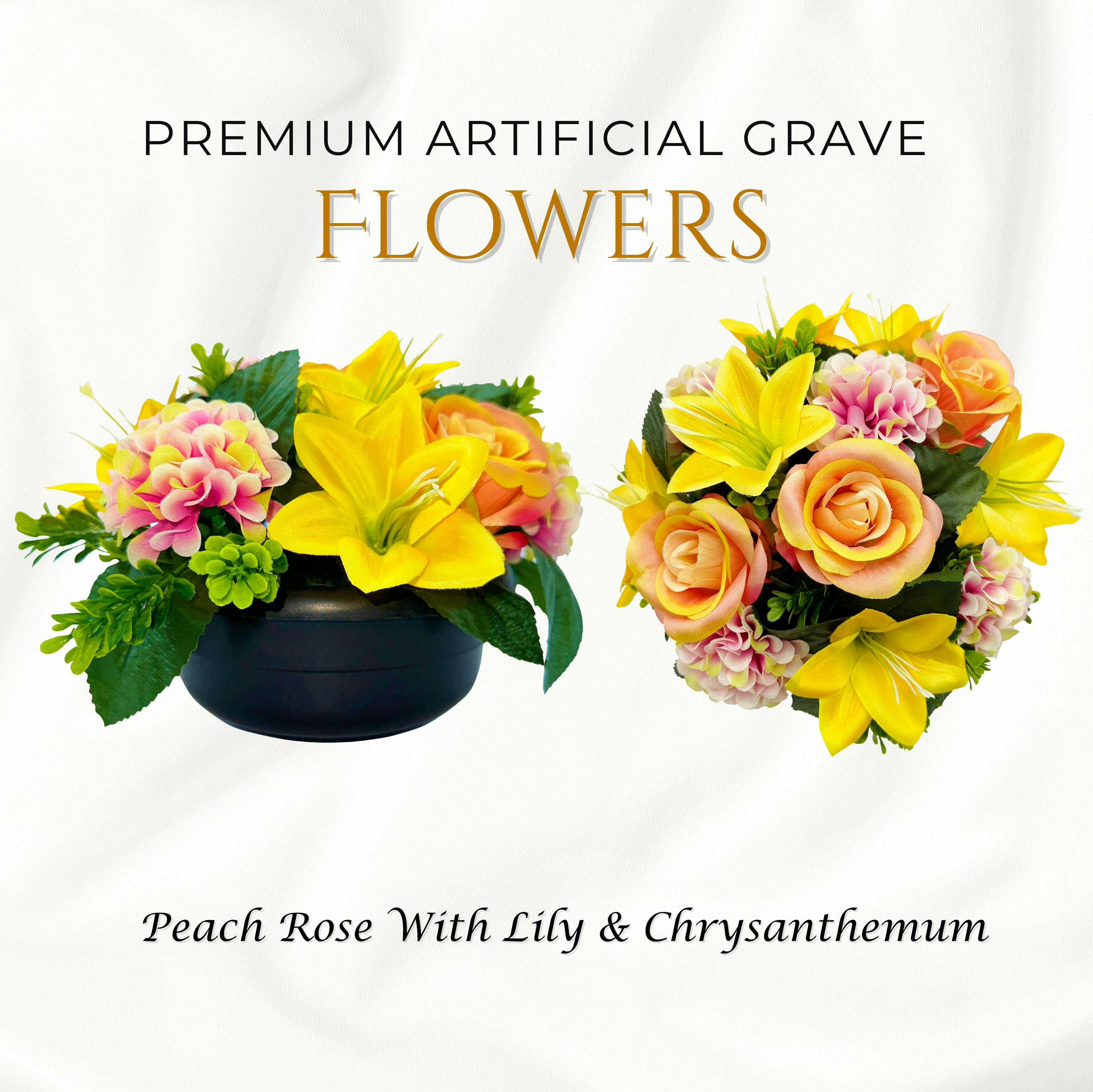 Rackhams Peach Premium Artificial Grave Flowers – 24Cm Rose With Lily & Chrysanthemum | Weighted Pot