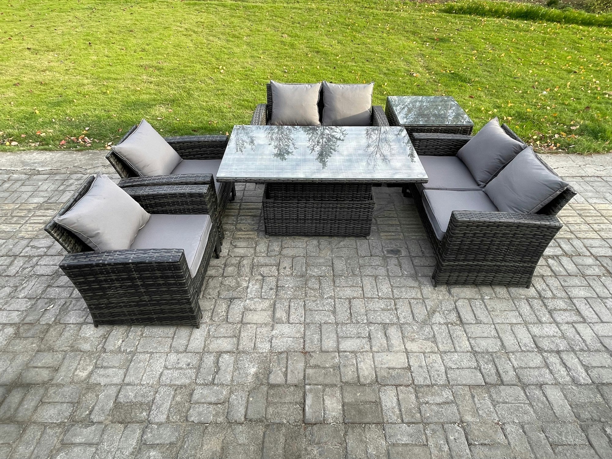 Fimous Dark/Grey Rattan Garden Furniture Sets 6 Seater Patio Outdoor Rising Lifting Table Sofa Set With Double Seat Sofa Side Table Mixed
