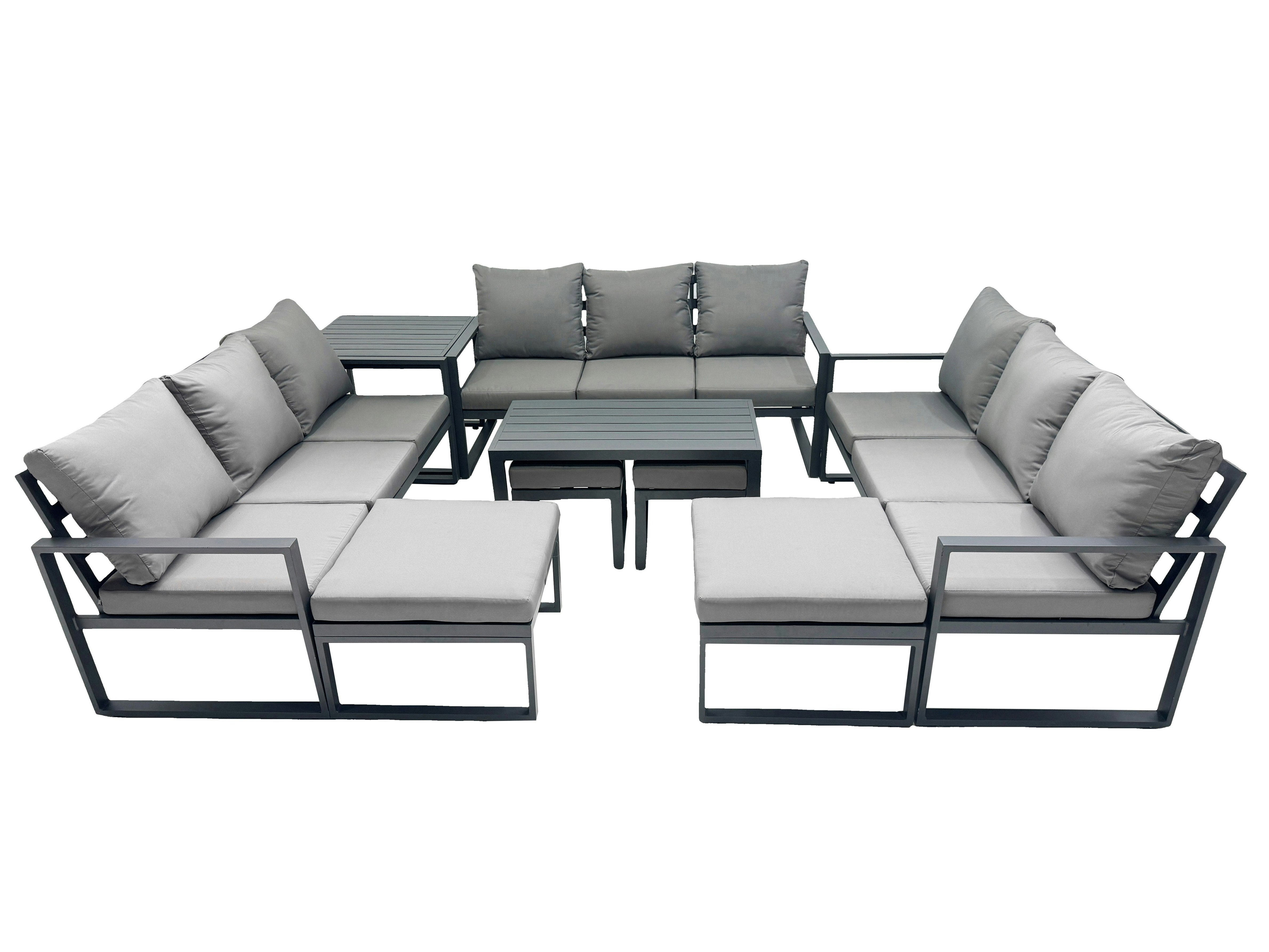 Fimous Dark/Grey Outdoor Garden Furniture Set Aluminium Lounge 3 Seat Sofa Oblong Coffee Table Sets With 4 Stools Side Table