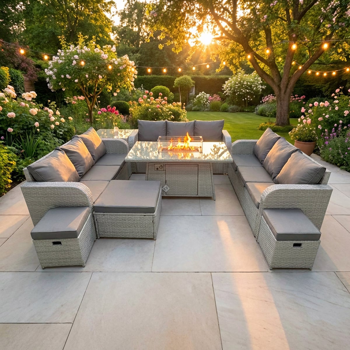 Rackhams Light/Grey 12 Seater Rattan Outdoor Garden Furniture Set With Fire Pit Dining Table, 3X 3 Seater Sofas, 3 Stools & 1 Side Table