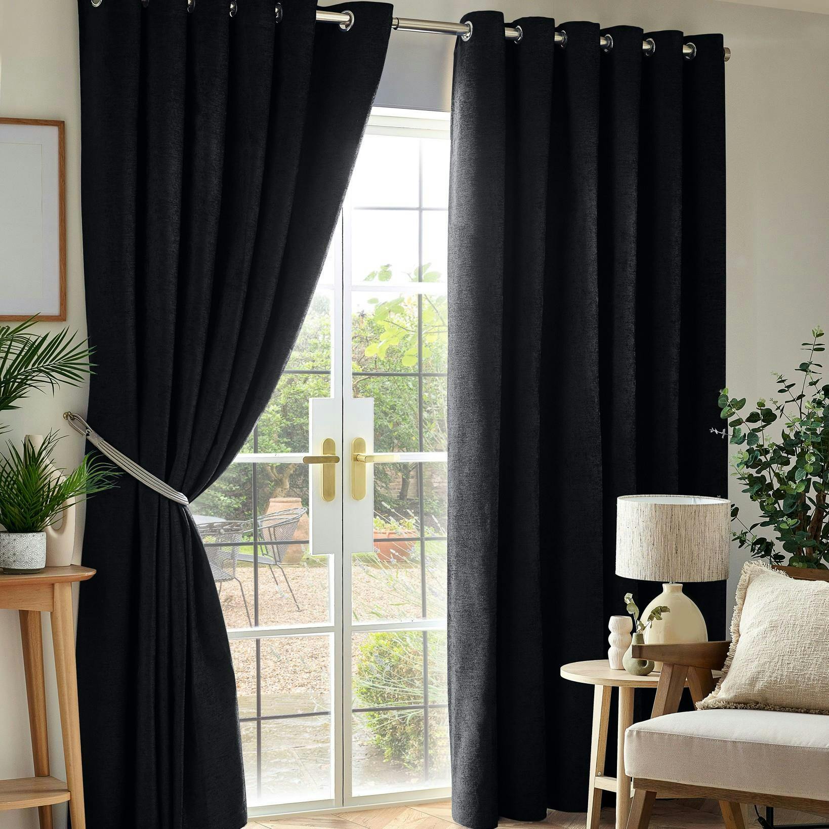 Rackhams Black/Light Chenille Out Ring Top Eyelet Curtains - 168Cm Width X 229Cm Drop
