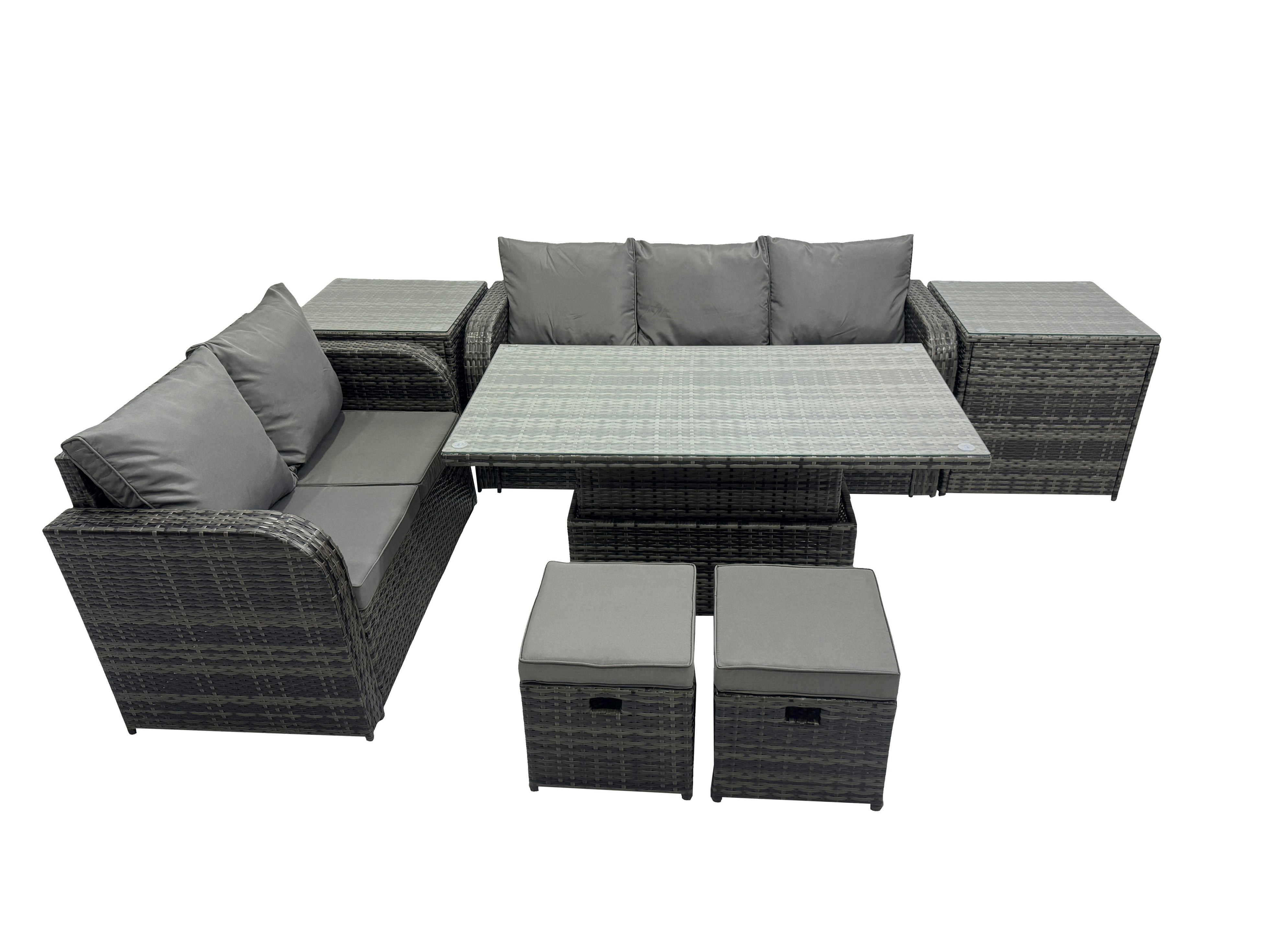 Rackhams Dark/Grey Rattan Garden Furniture Dining Set 7 Seater Patio Height Adjustable Rising Lifting Table Sofa Set With 2 Small Footstools Mixed