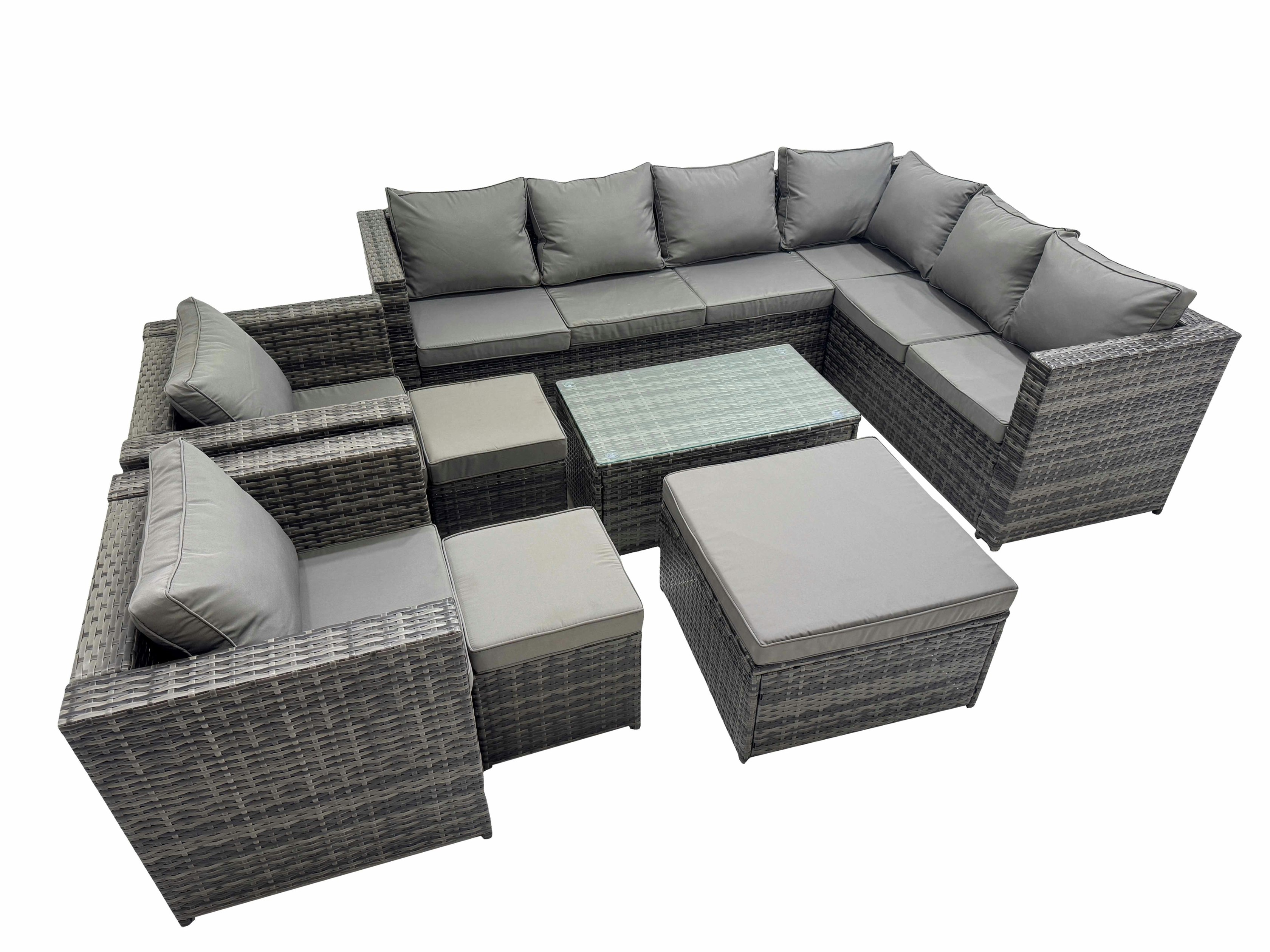 Fimous Dark/Grey Patio Sofa Oblong Coffee Table Set Rattan Garden Furniture Set With 2 Chairs 3 Stools Mixed