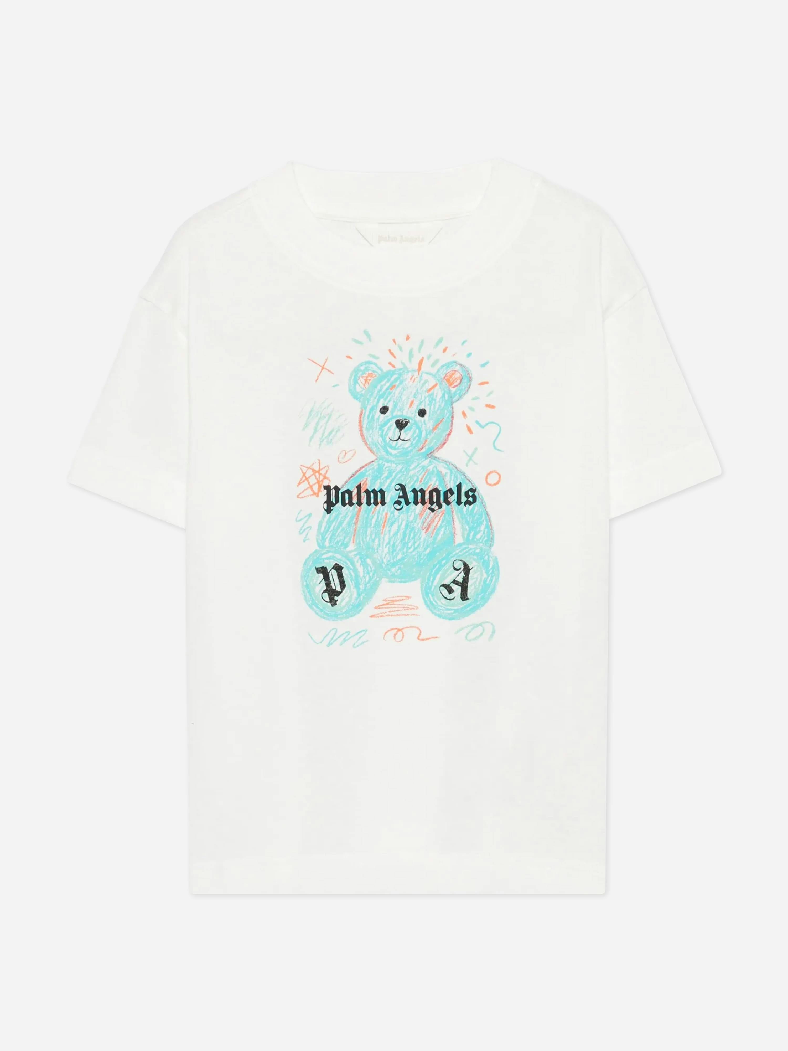 Palm Angels Girls Ivory Kids Drawing Teddy Jersey T-Shirt In - 4 Yrs