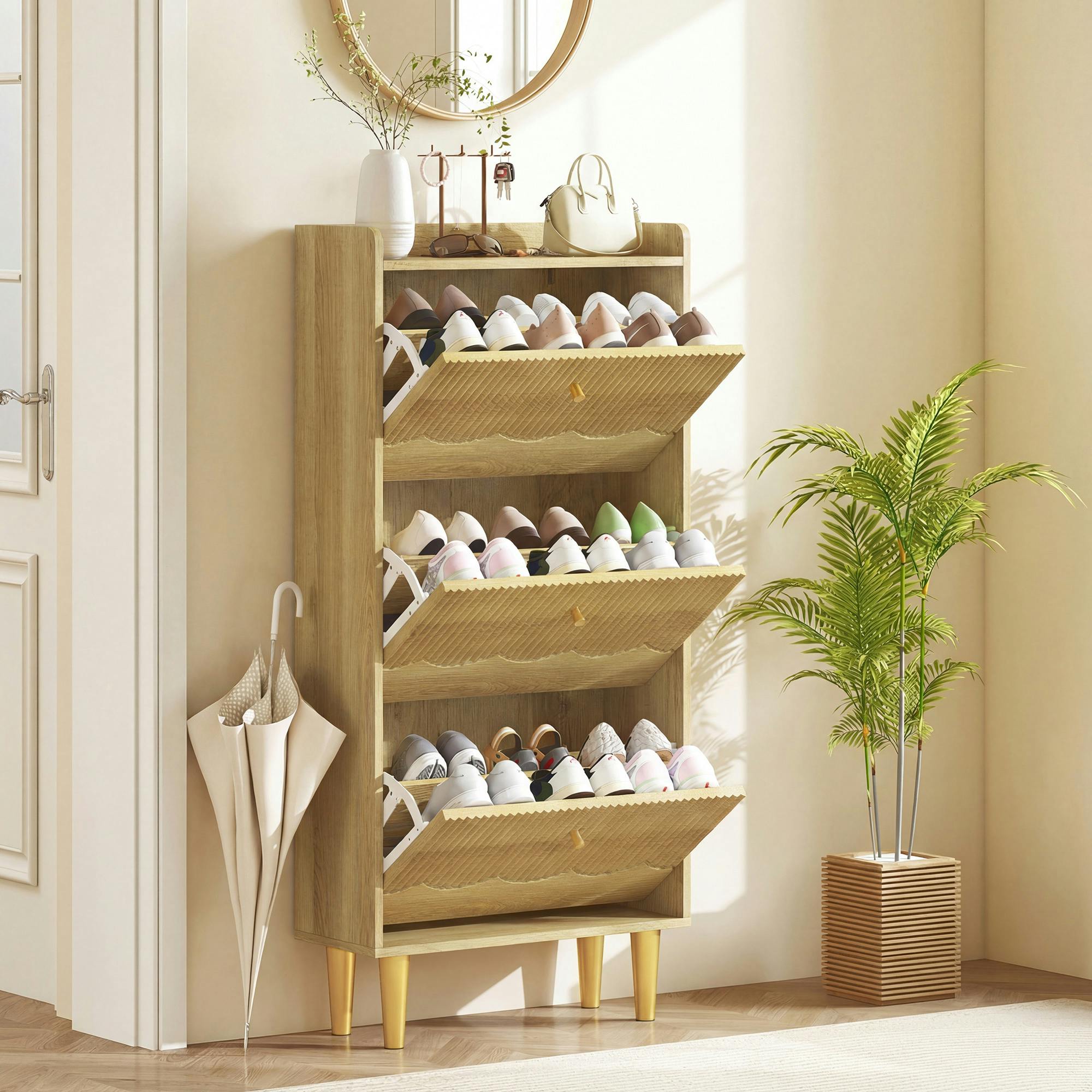 B&Q - Narrow Shoe CabinetShoe Storage Cabinet With 3 Flip DrawersOak - Image 2