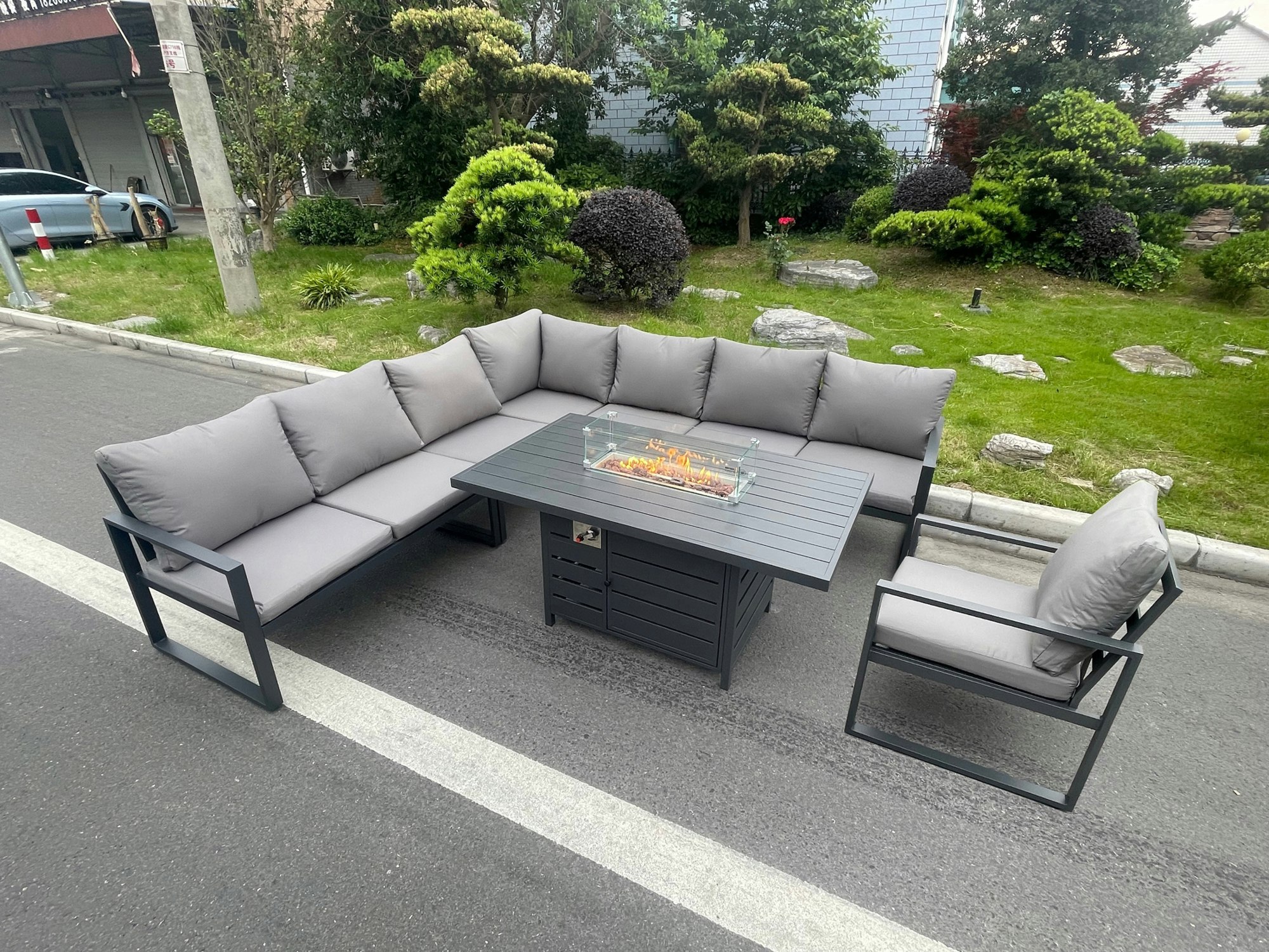 Fimous Dark/Grey Aluminum Outdoor Garden Furniture Corner Sofa Chair Gas Fire Pit Dining Table Sets Gas Heater Burner 8 Seater