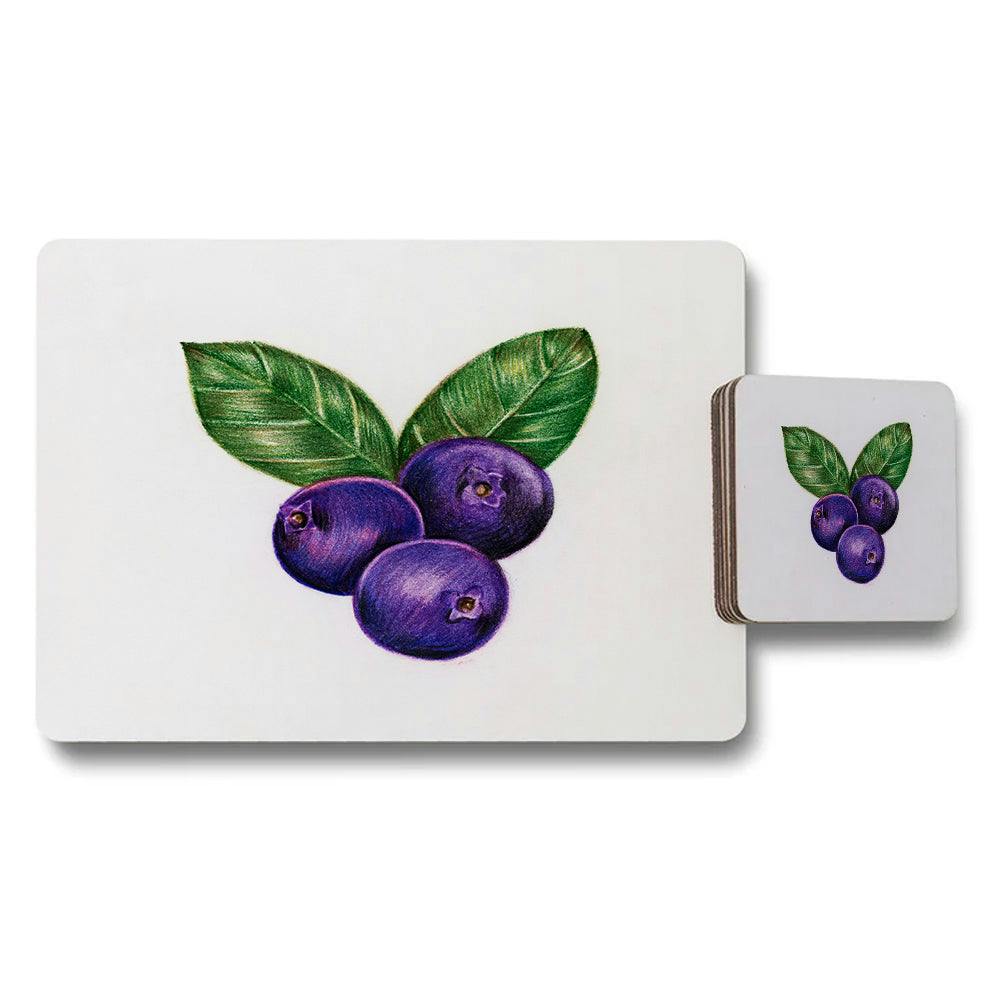 Benjamin Tate Design Purple/Green/White Blueberry Print Placemats And Coaster Set For Dining Table