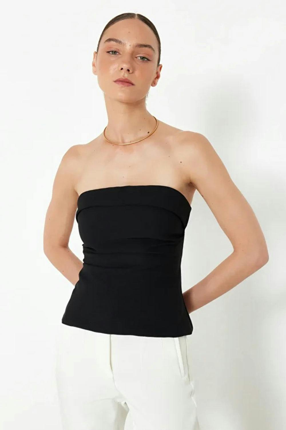 Hoxton Gal Black Strapless Fitted Draped Woven Blouse - 14