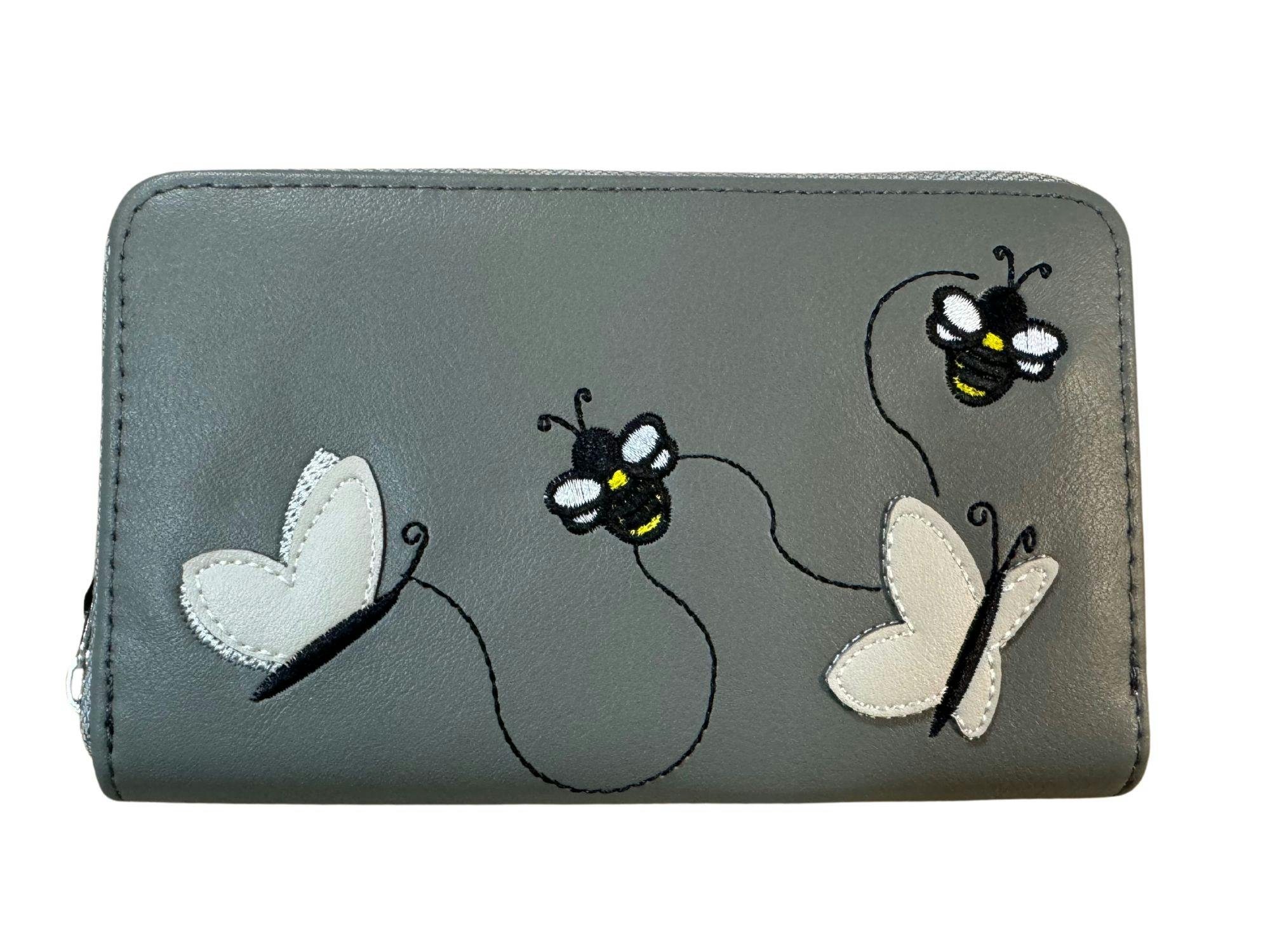 Fores Collection Women's Grey Embroidered Bee & Butterflies Purse