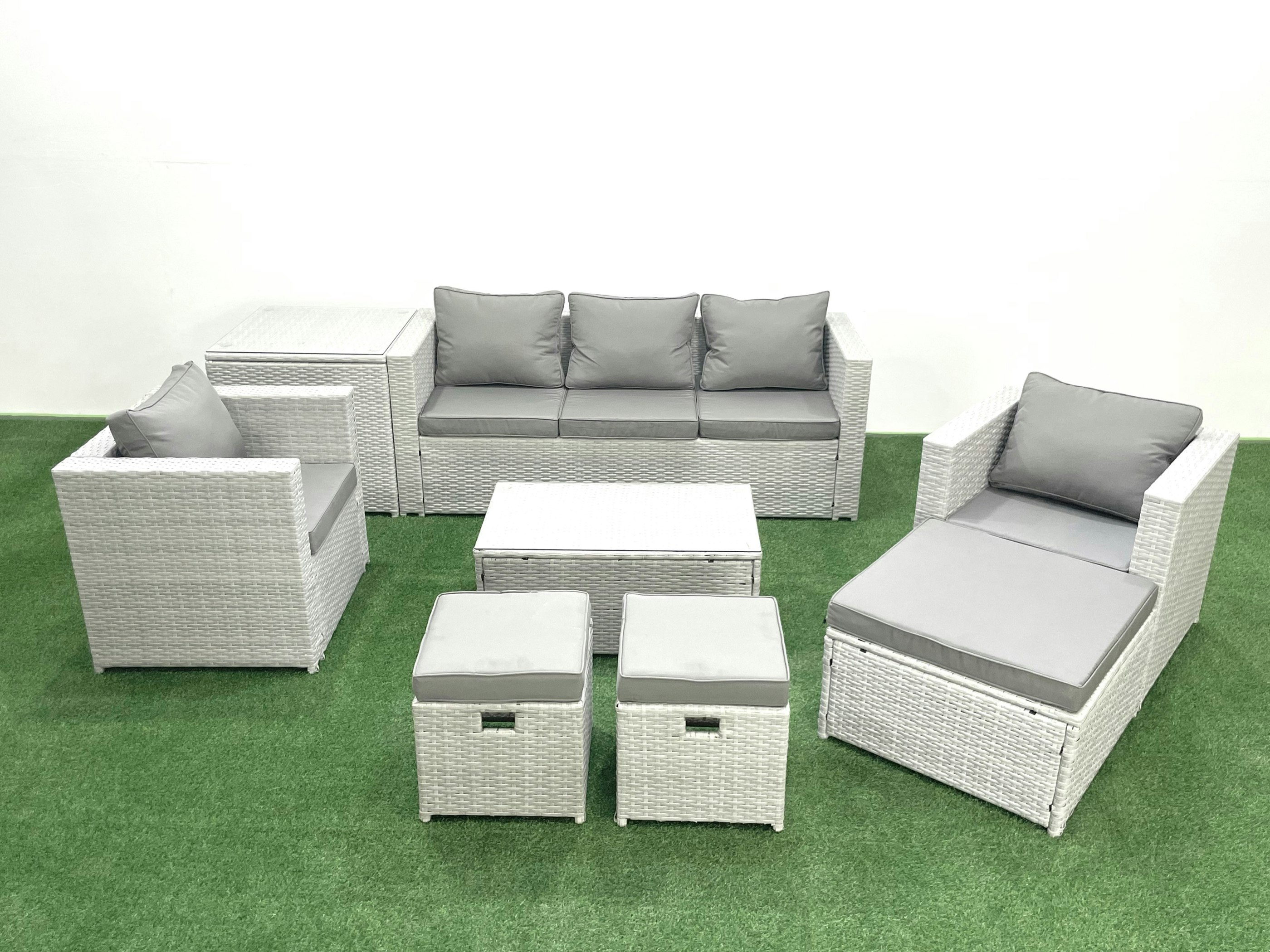 Rackhams Light/Grey Rattan Garden Outdoor Furniture Sofa Set With Rectangular Coffee Table 2 Chairs 3 Footstools Side Table Mixed