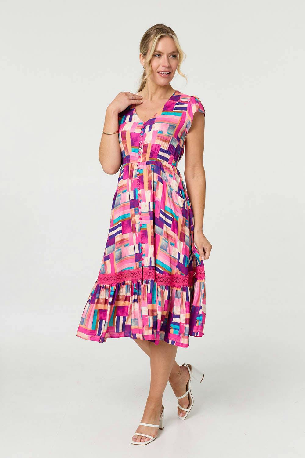 Izabel London Pink Geo Print Cap Sleeve Shirred Midi Dress - 10