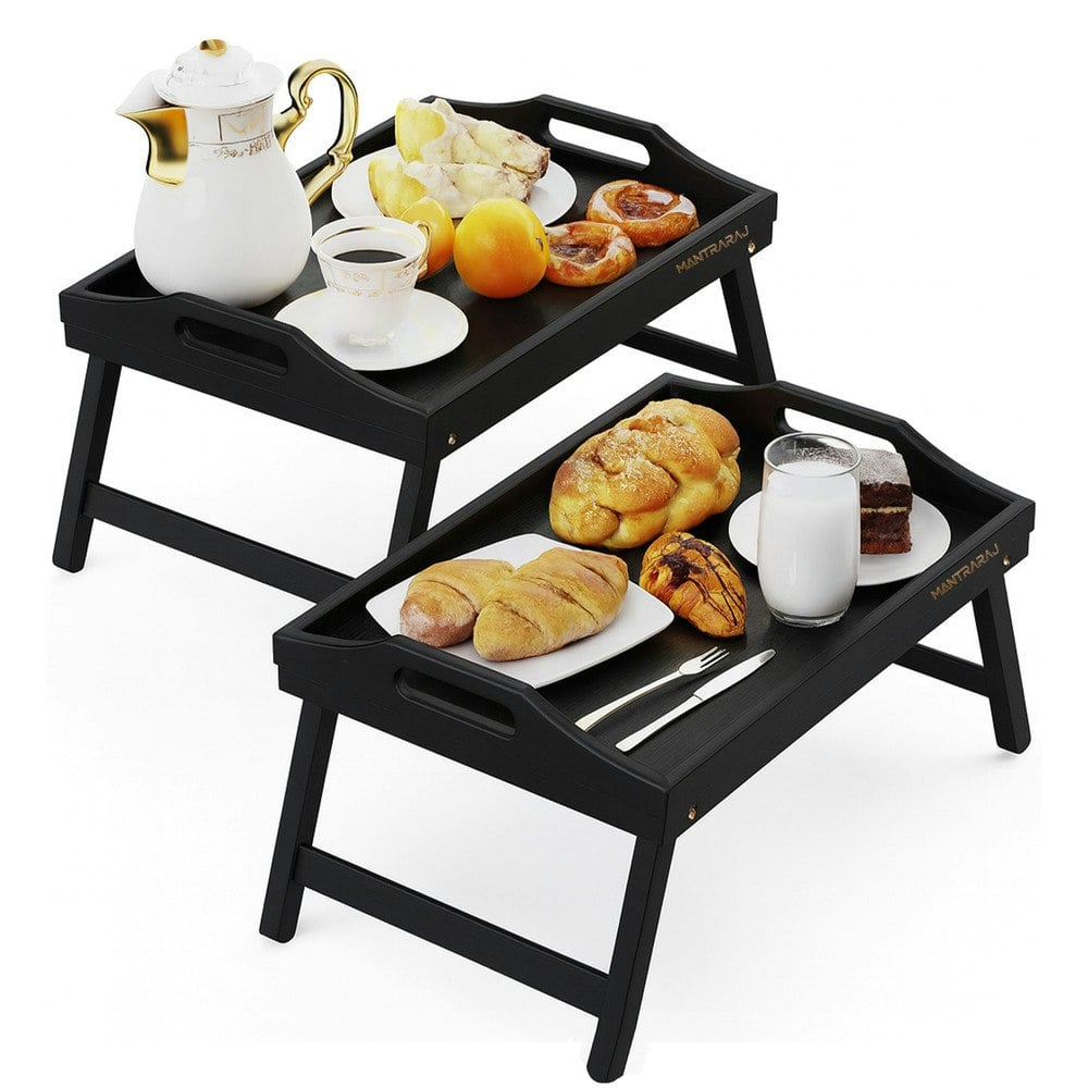 Rackhams Black Pack Of 2 Bamboo Bed Tray Table With Foldable Legs And Handles Breakfast Tray For Sofa Bed Platters Lap Tray (Black) - 1 - Lap Desk
