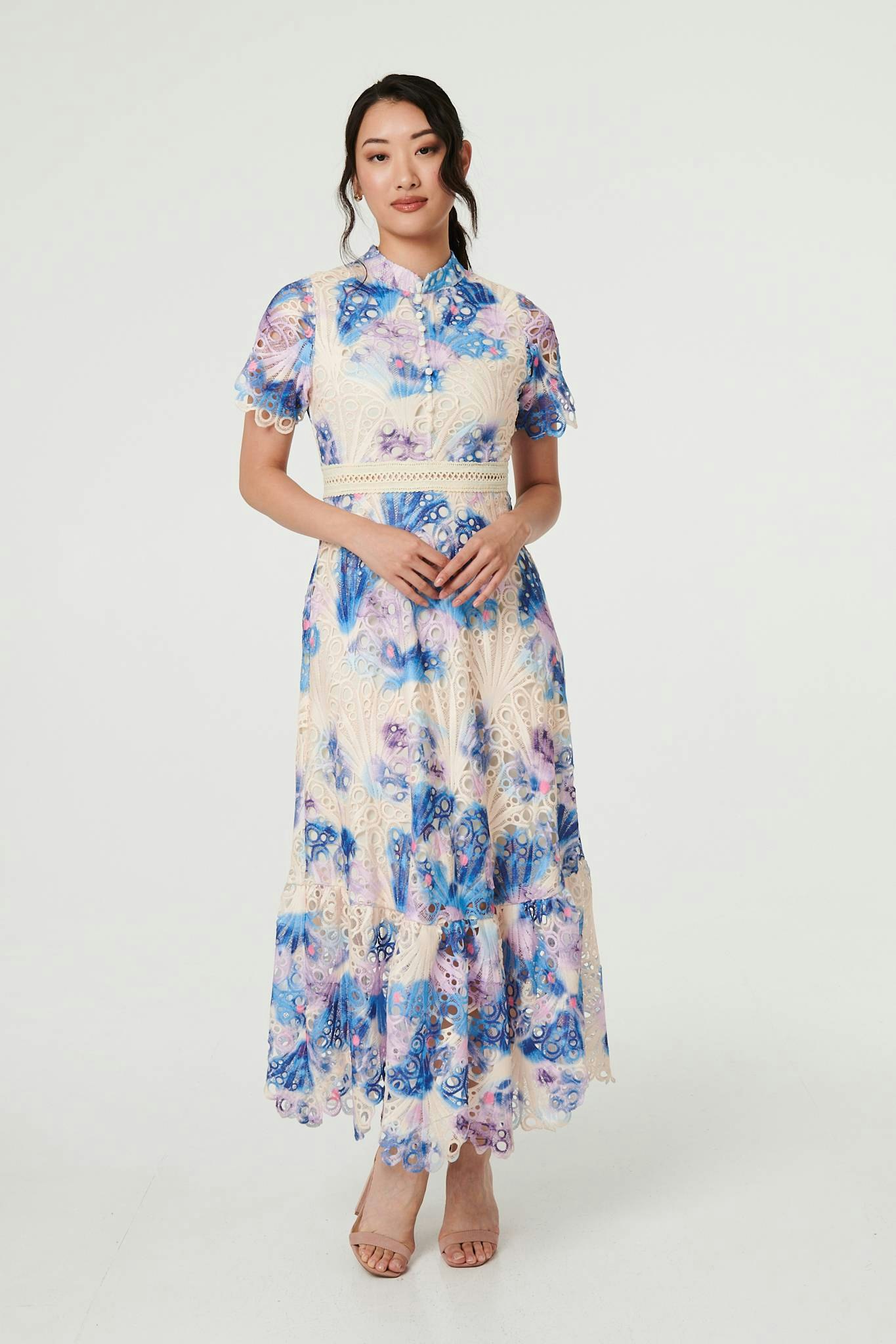Izabel London Blue Floral Lace Trim High Neck Maxi Dress - 10