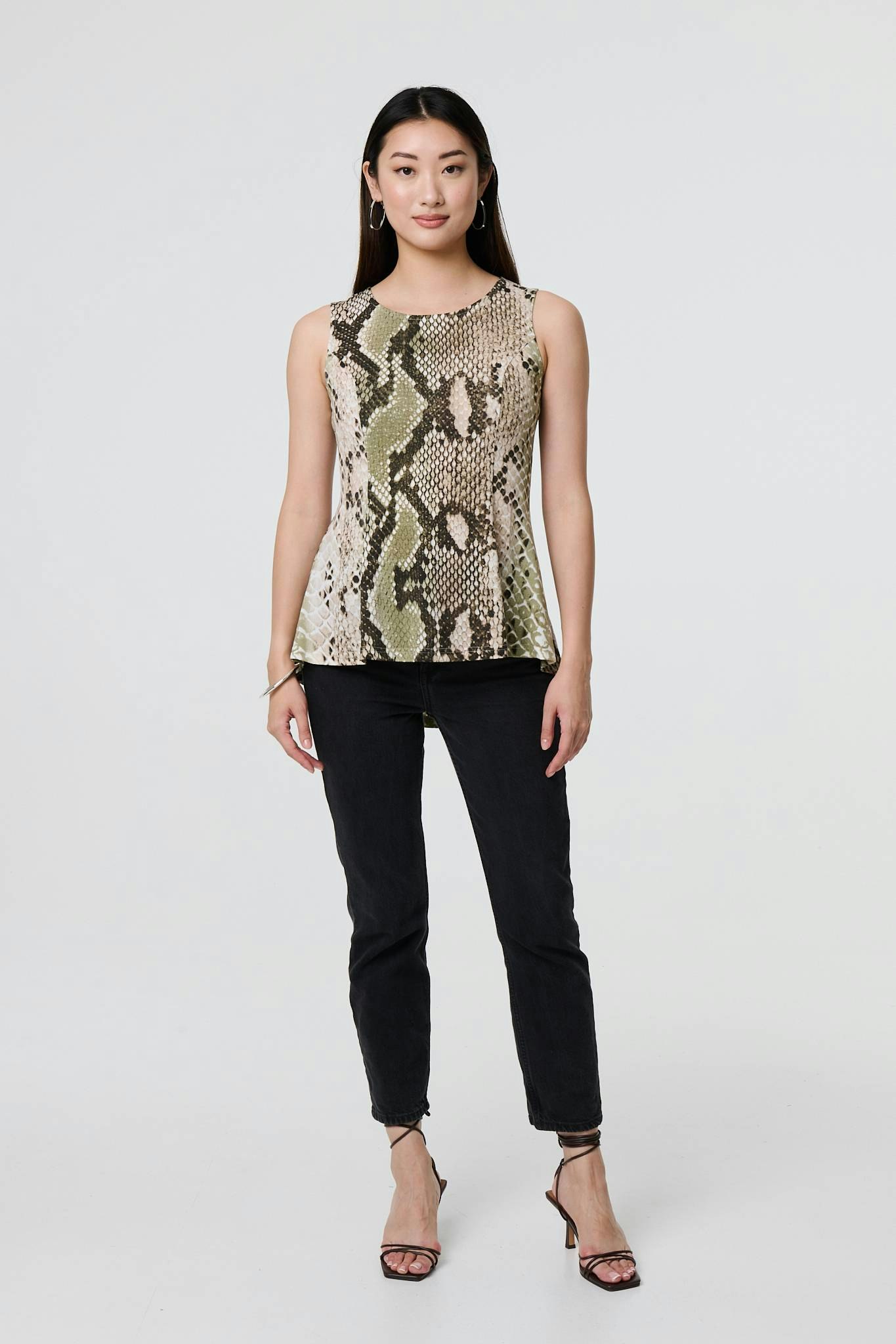 Izabel London Green Snake Print Sleeveless Curve Hem Top - 12