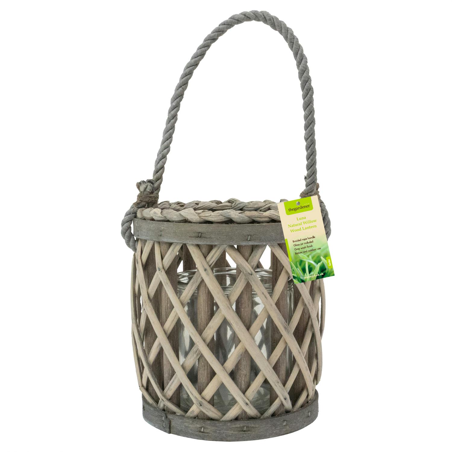 Jvl Grey Luna Natural Willow Wood Lantern With Braided Rope Handle, Wash