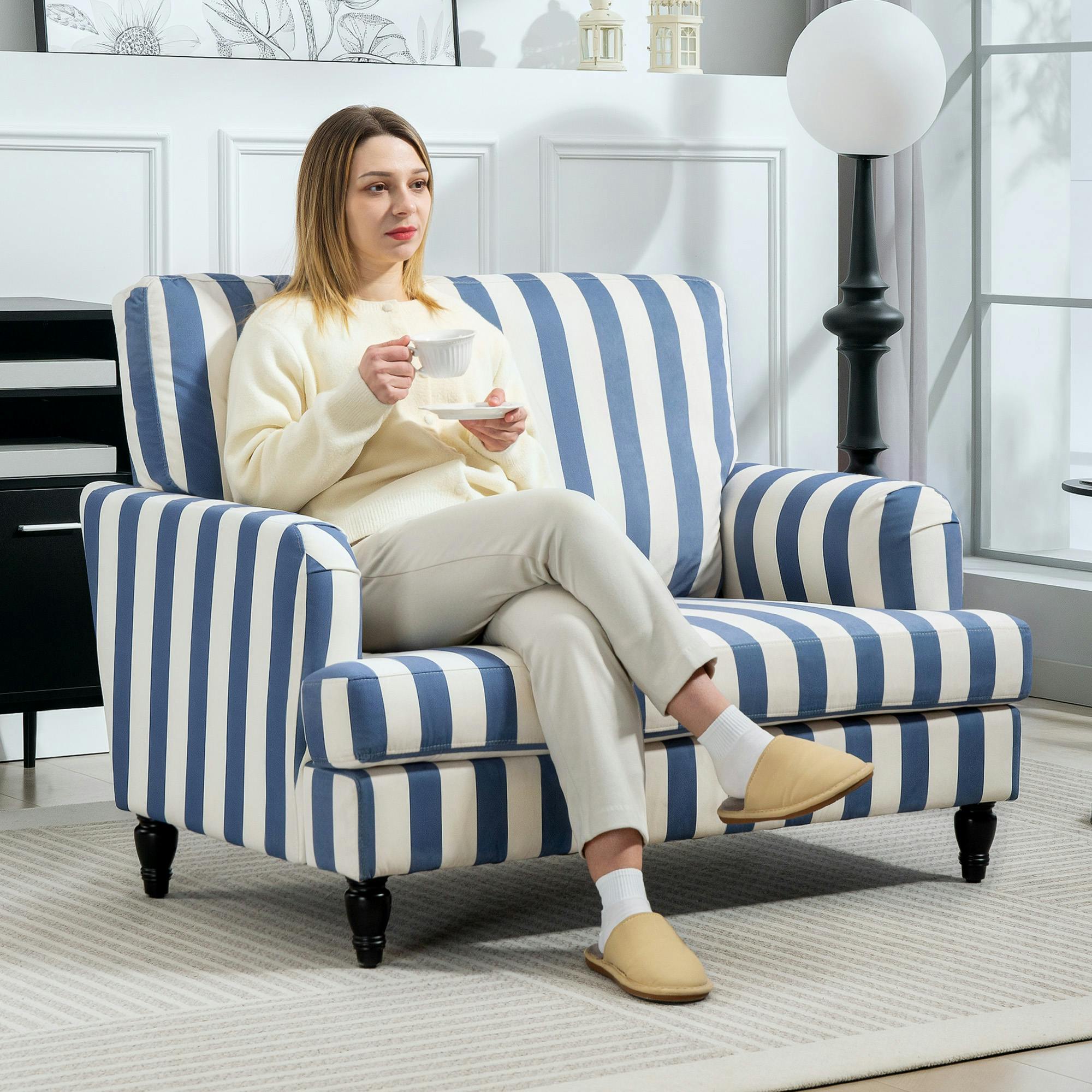 Homcom Black/White/Blue Cuddle Chair With Stripe, Armchair For Living Room, And - Turned Legs - And - Velvet
