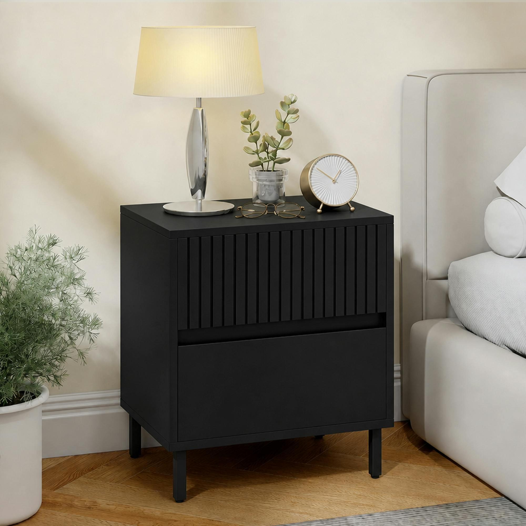 Homcom Black Bedside Cabinet With 2 Drawers, Storage And Steel Legs,