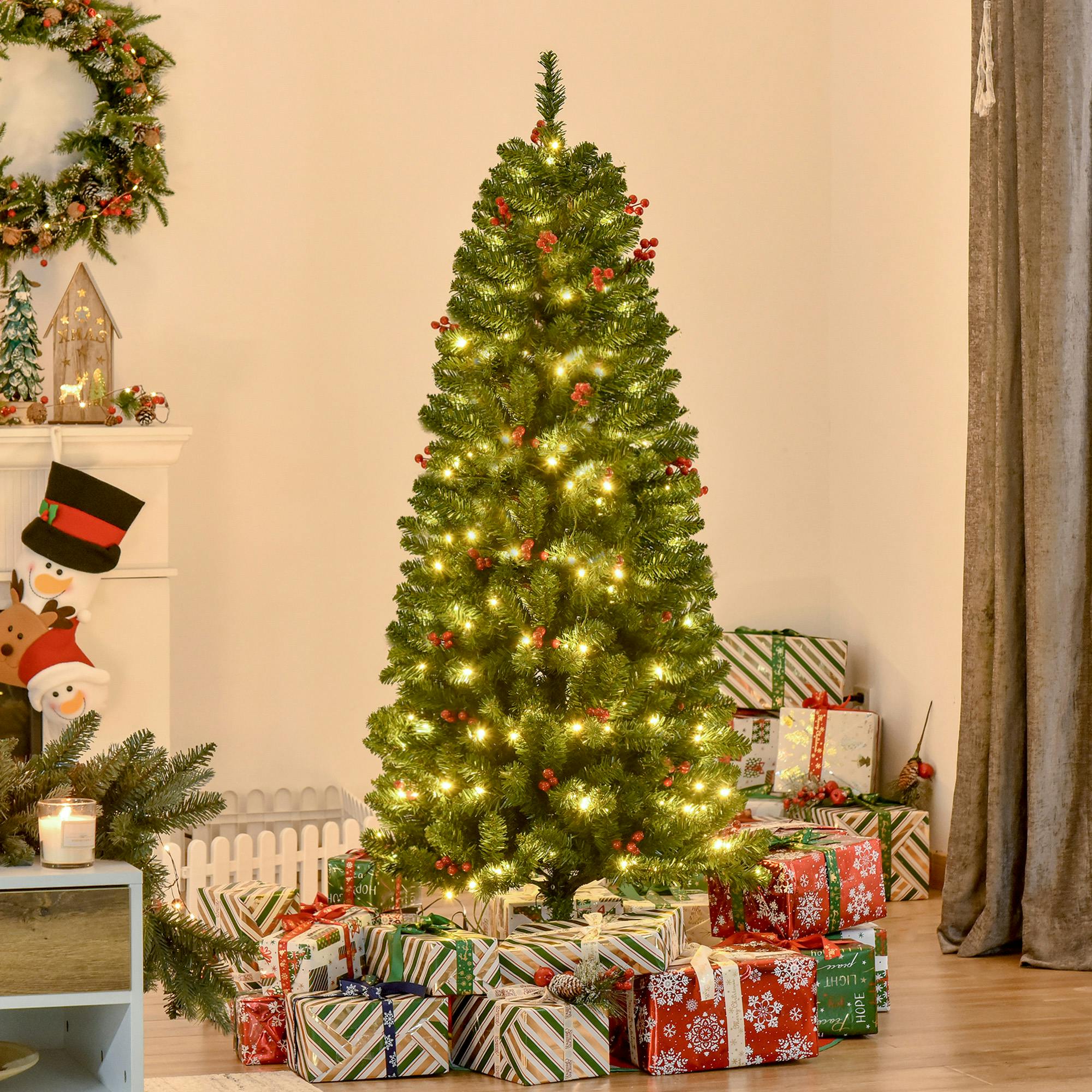 Homcom Light 5Ft Prelit Pencil Christmas Tree W/ Led Berry, Xmas Decoration - 5Ft