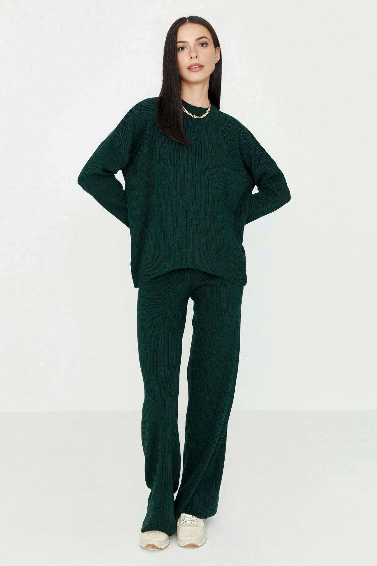 Wovcor Green 2-Piece Loose Fit Basic Ribbed Knit Top & Pants Set - S