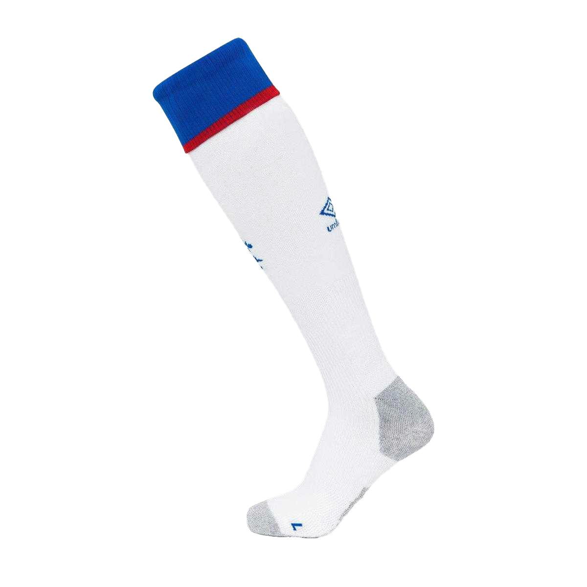 Umbro Men's White/Blue 25/26 Rangers Fc Away Socks - Brilliant /Lapis Blue/Flame Scarlet - 9 Uk-12 Uk - Brilliant /Lapis Blue/Flame Scarlet - 100% Mixed
