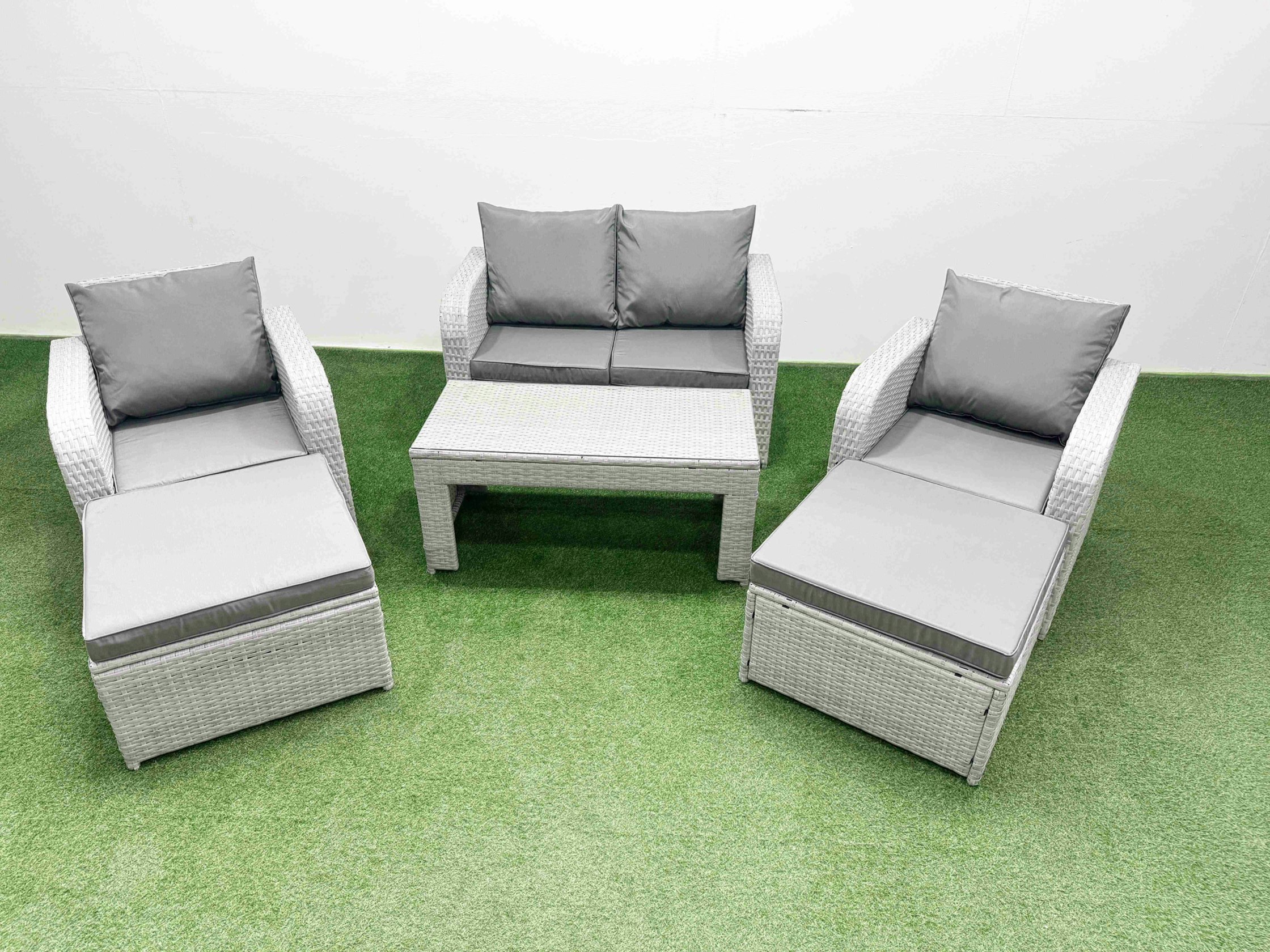 Fimous Light/Grey Pe Wicker Rattan Garden Furniture Set Sofa Set Reclining Adjustable Chair Oblong Coffee Table 6 Seater 2 Big Stools