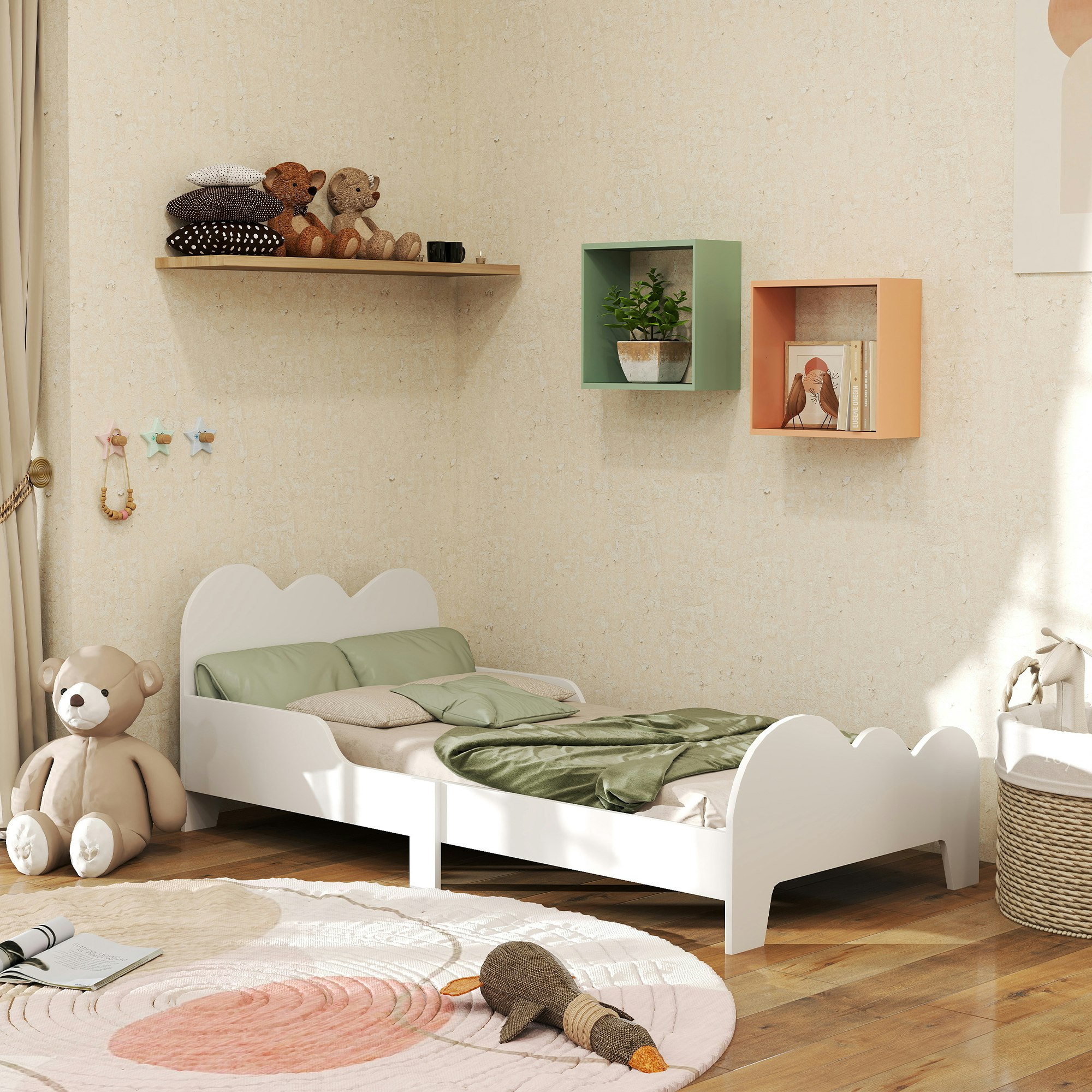 Aiyaplay Cloud-Themed Toddler Bed With Safety Rails, 143.5 X 74.5 X 56Cm