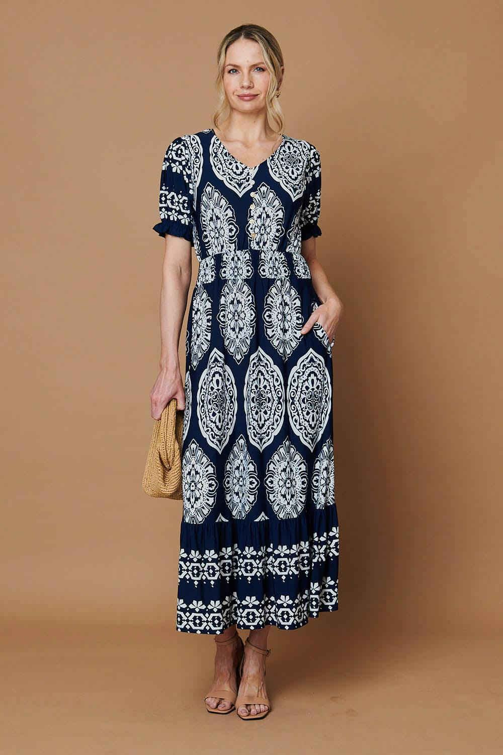 Izabel London Printed Shirred Puff Sleeve Maxi Dress - 12 - Navy