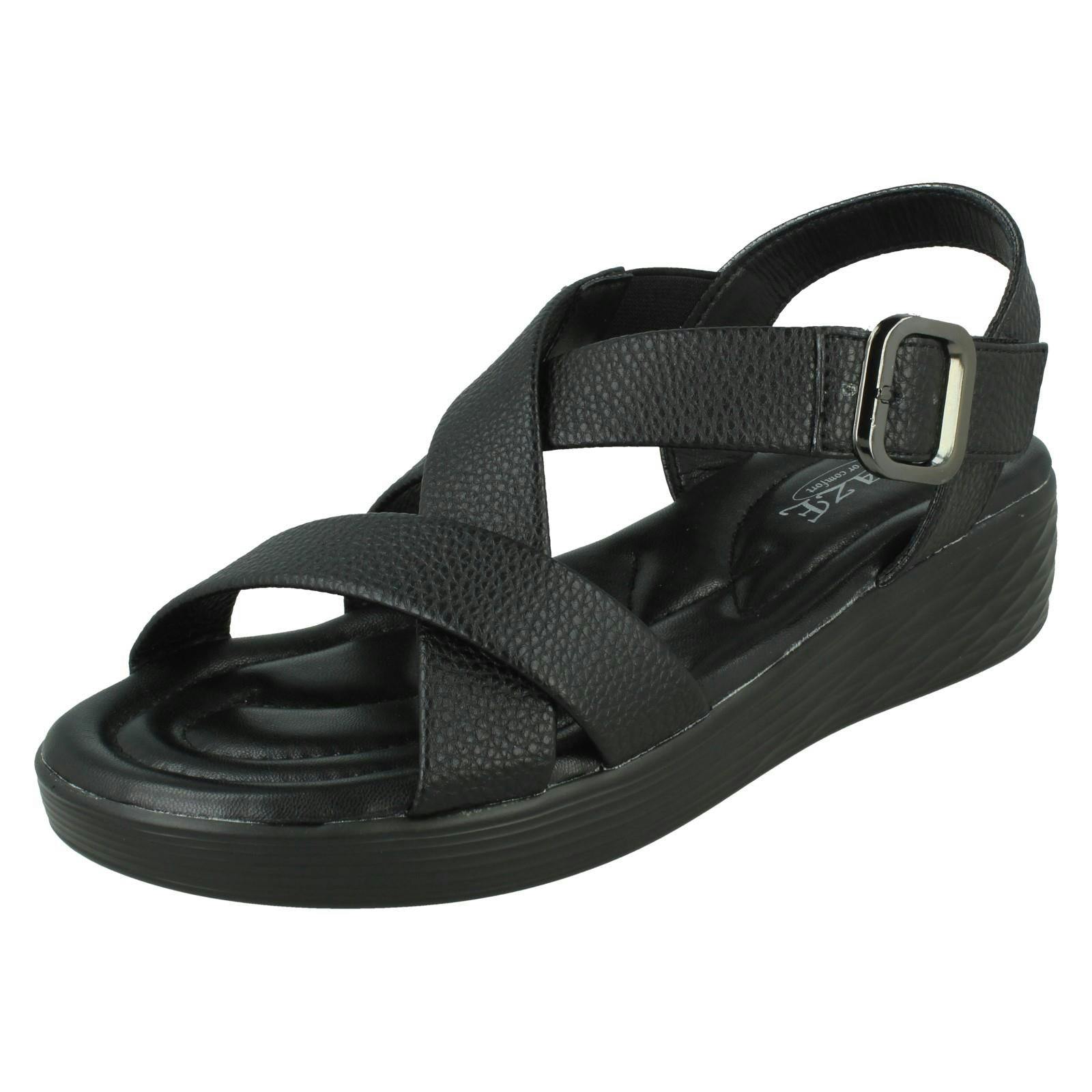 Eaze Women's Black Low Wedge Cross Strap Sandal With Buckle F12078 - Uk 5