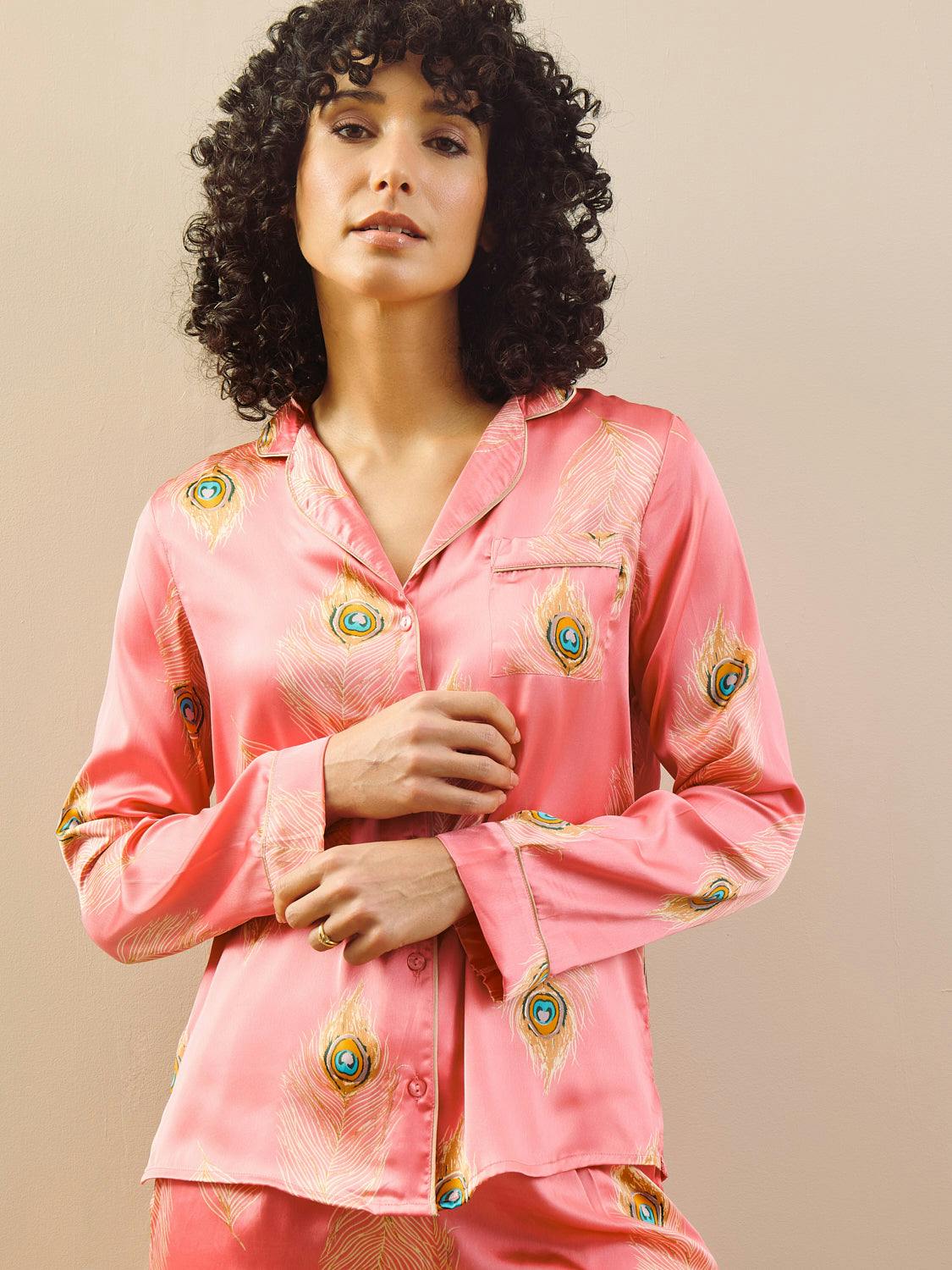 Their Nibs Women's Pink/Gold Satin Traditional Pyjama Peacock Feather - Xxl / 20-22