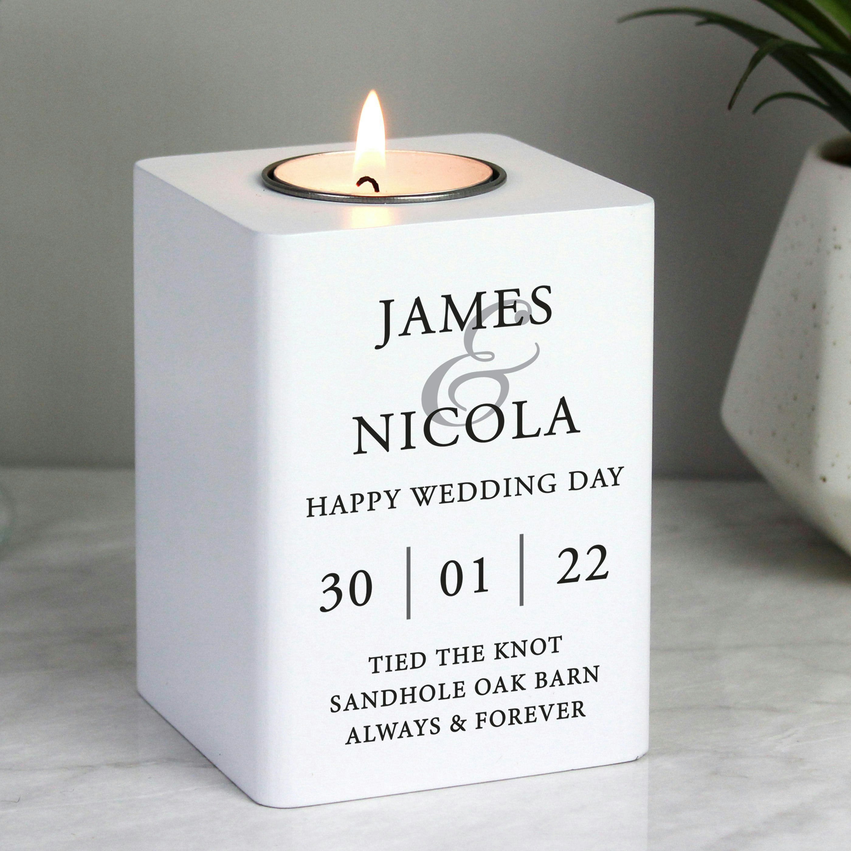 Rackhams White/Light Personalised Couples Wooden Tea Holder