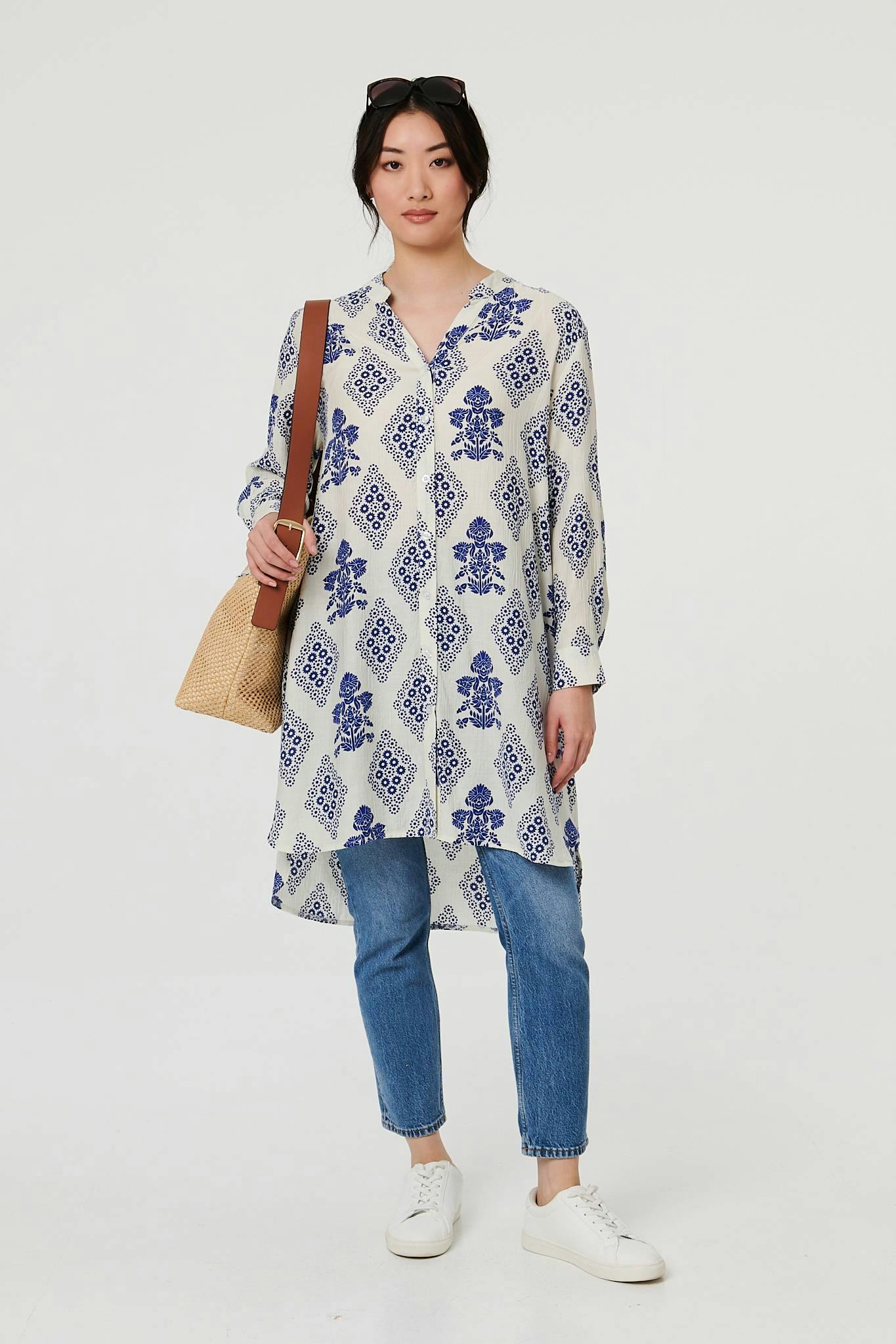 Izabel London Blue Printed Knee Length Relaxed Shirt - 8