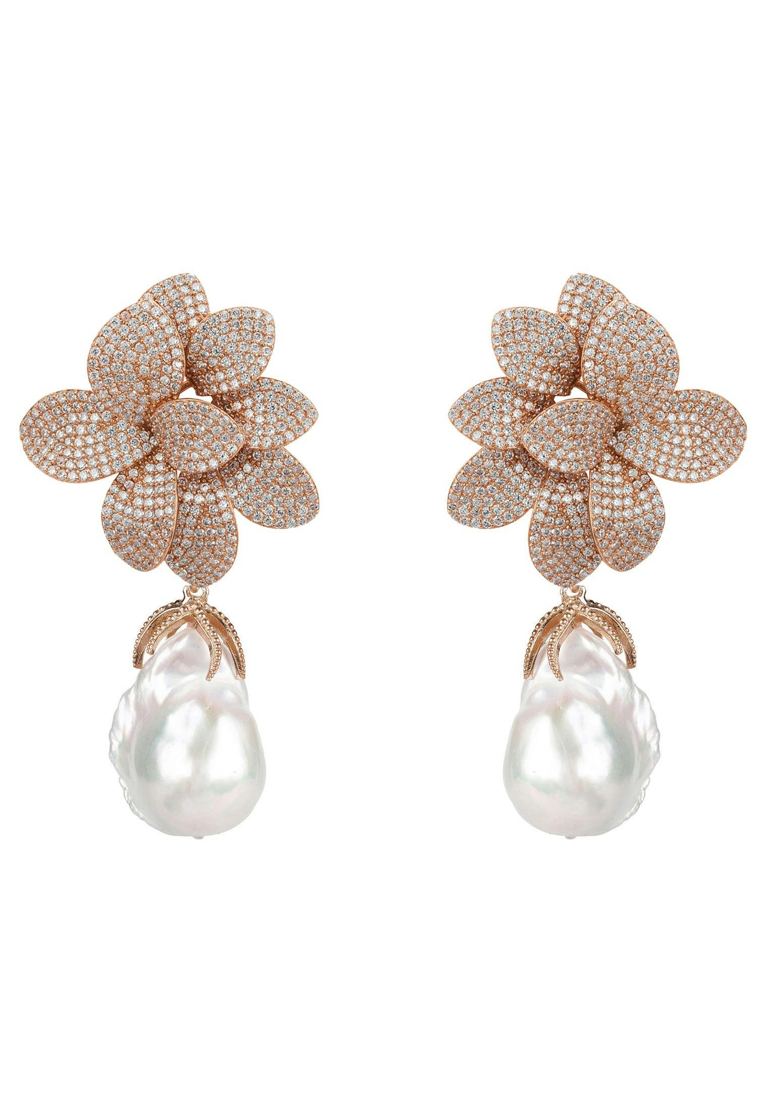 Latelita White Amaryllis Flower Baroque Pearl Drop Earrings Rosegold