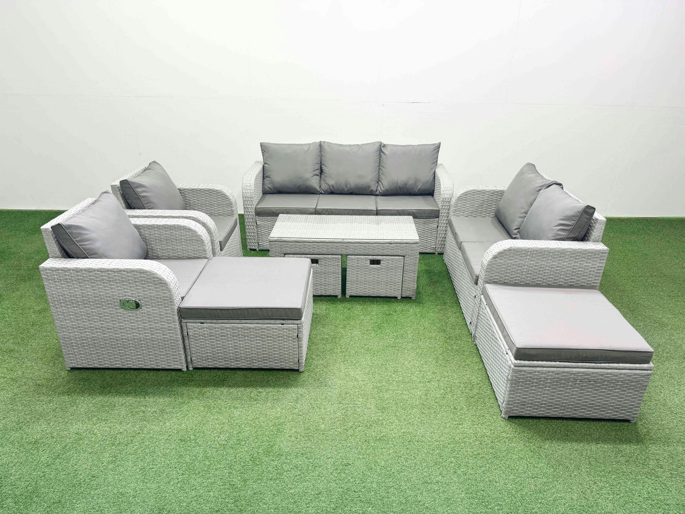 Rackhams Light/Grey Pe Wicker Rattan Furniture Sets With Oblong Coffee Table Love Sofa 3 Seater Sofa Reclining Chair 4 Stools Mixed