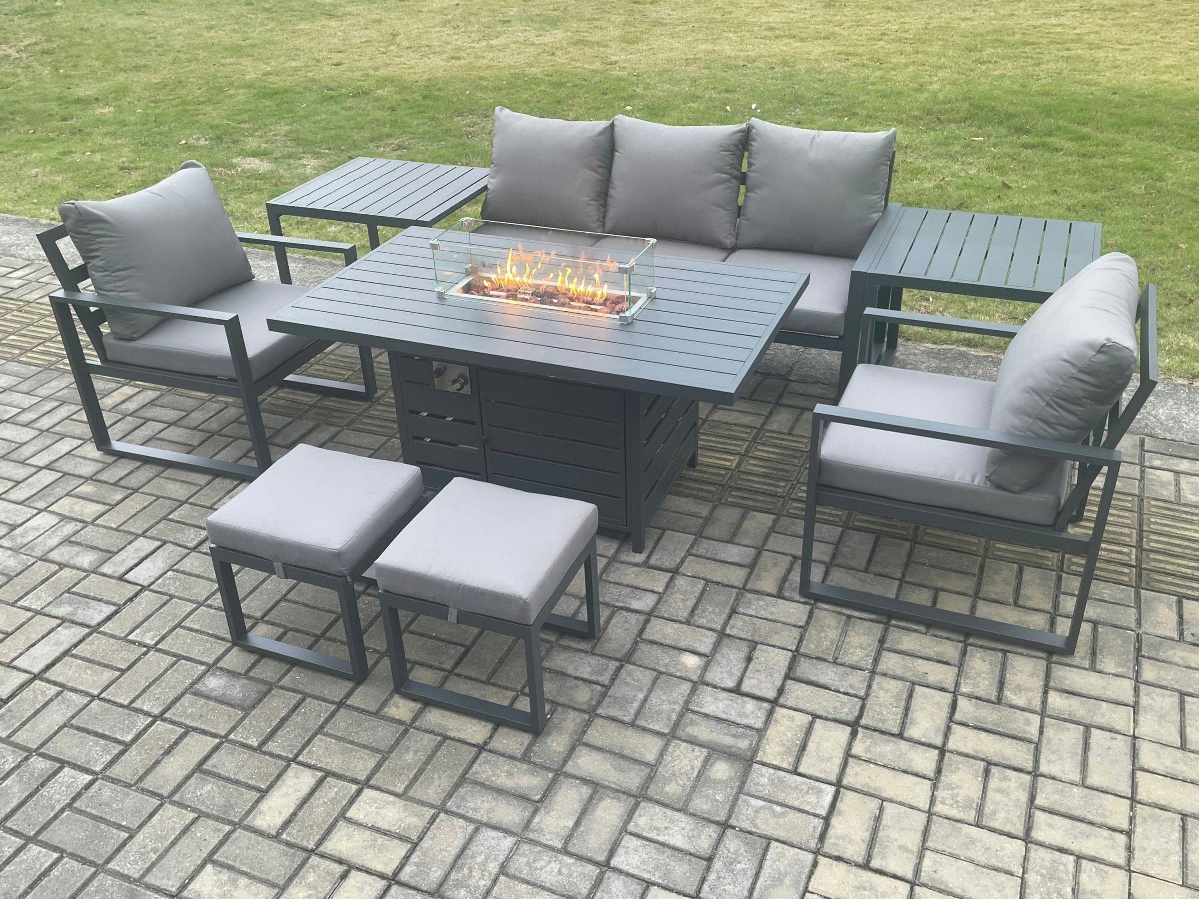 Rackhams Dark/Grey Aluminium Patio Outdoor Garden Furniture Lounge Sofa Set Gas Fire Pit Dining Table With 2 Side Tables 2 Small Footstools