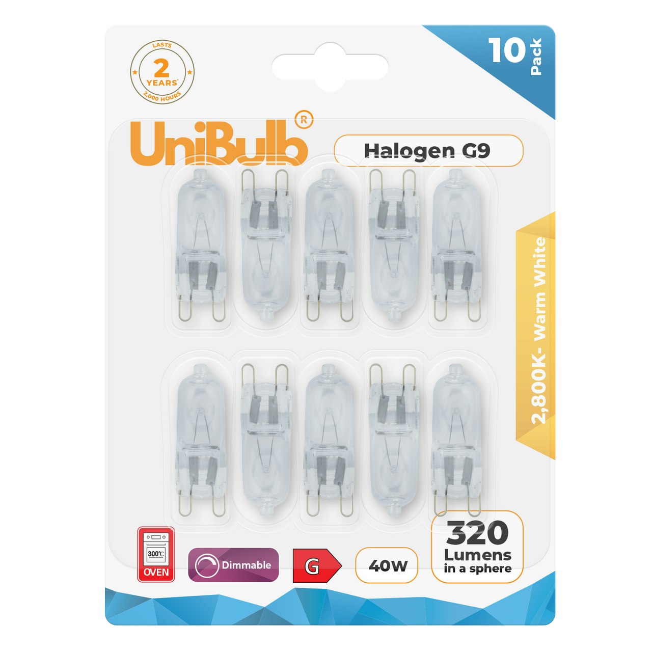 Unibulb White/Light Halogen G9 Capsule 320Lm 40W 2800K (Warm ) Bulb - Pack Of 10